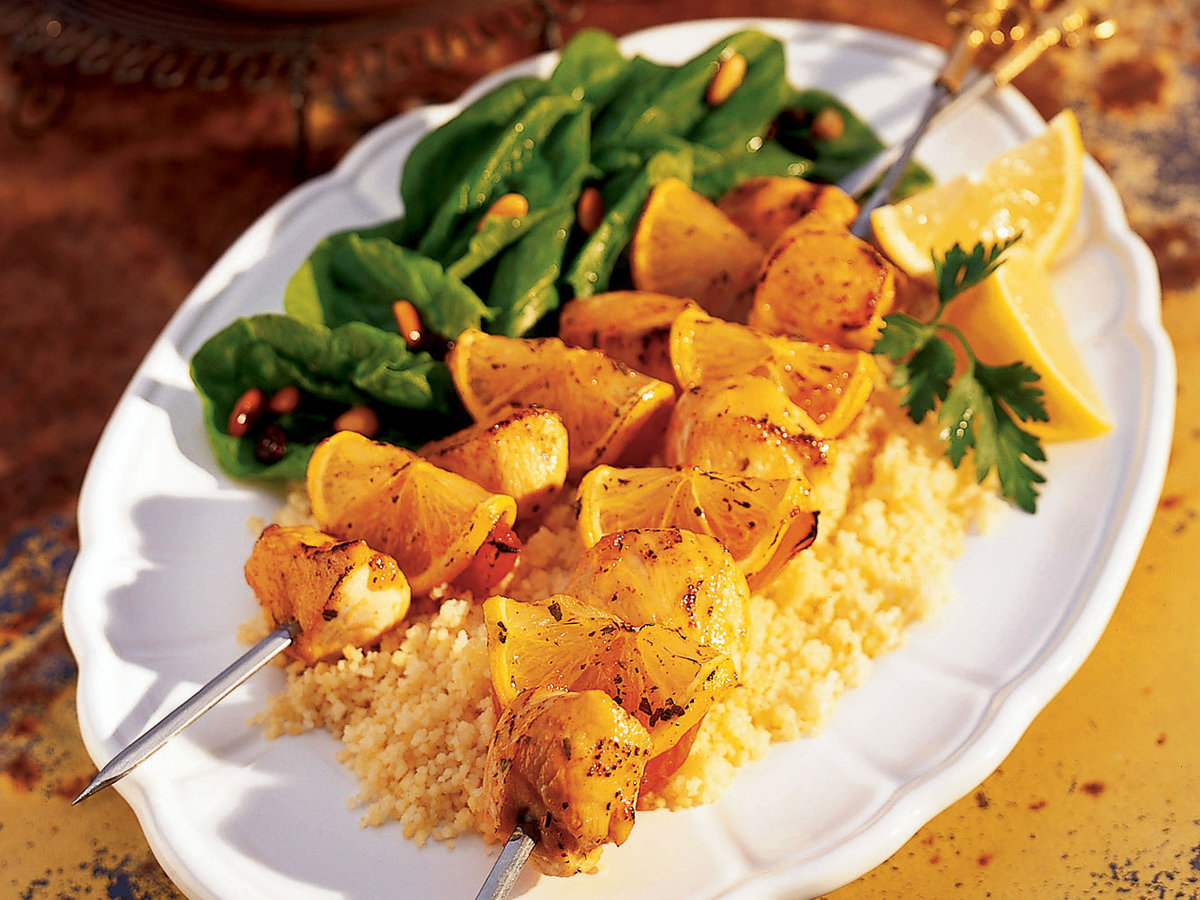Sweet-and-sour chicken-apricot skewers