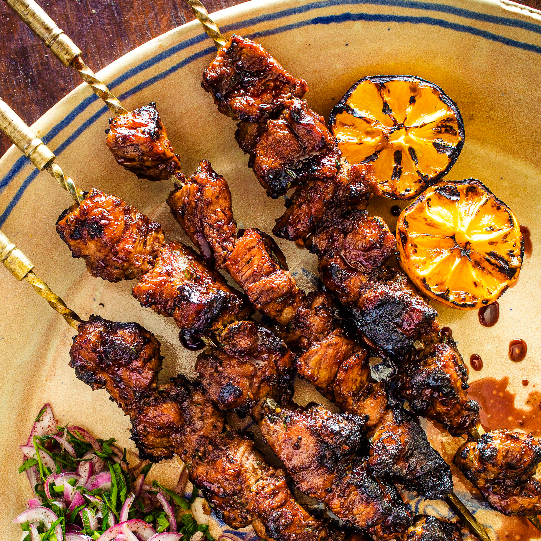 su-Pomegranate-Glazed Pork Skewers with Dill-Onion Marinade