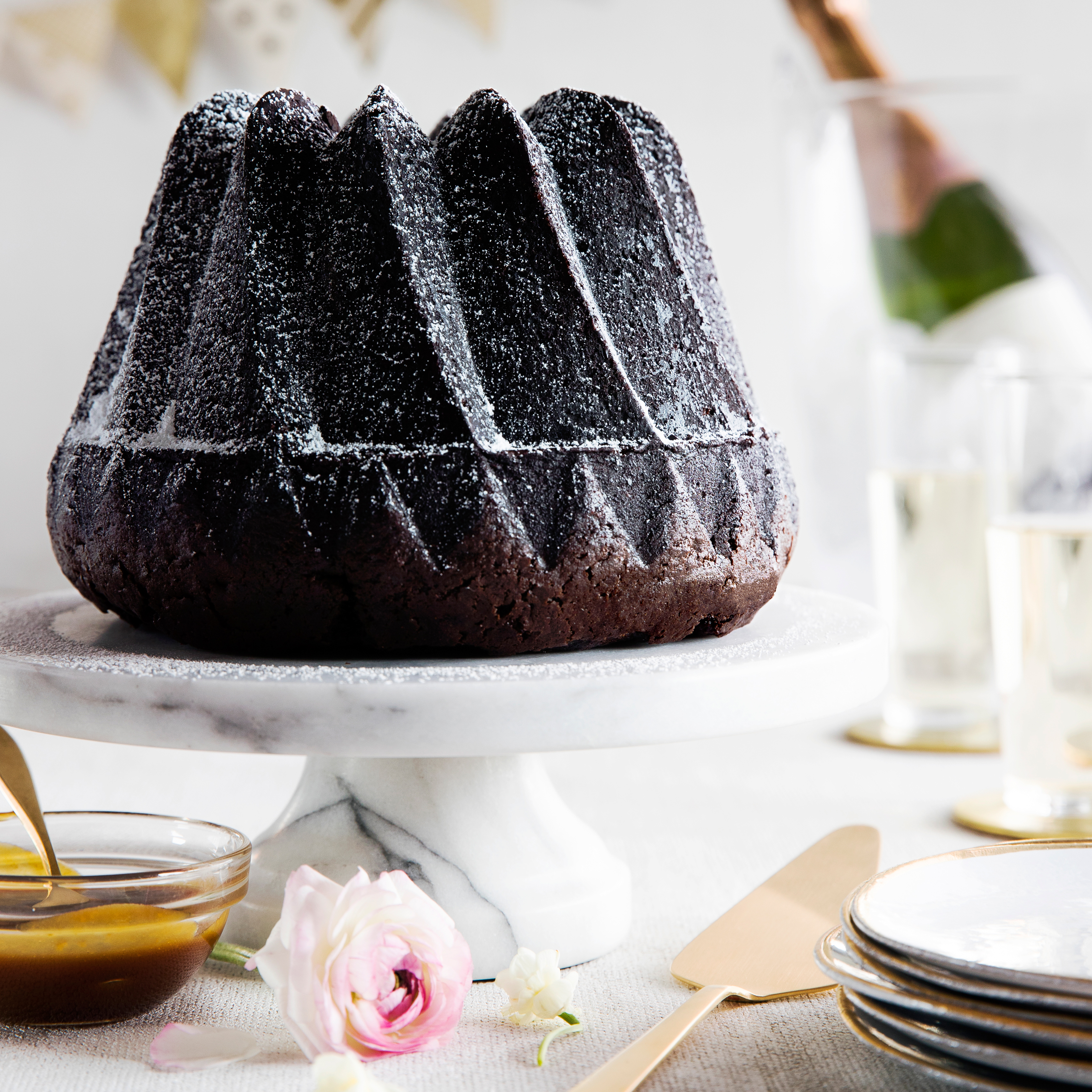 su-Dark Chocolate Bundt Cake with Whiskey Caramel Sauce