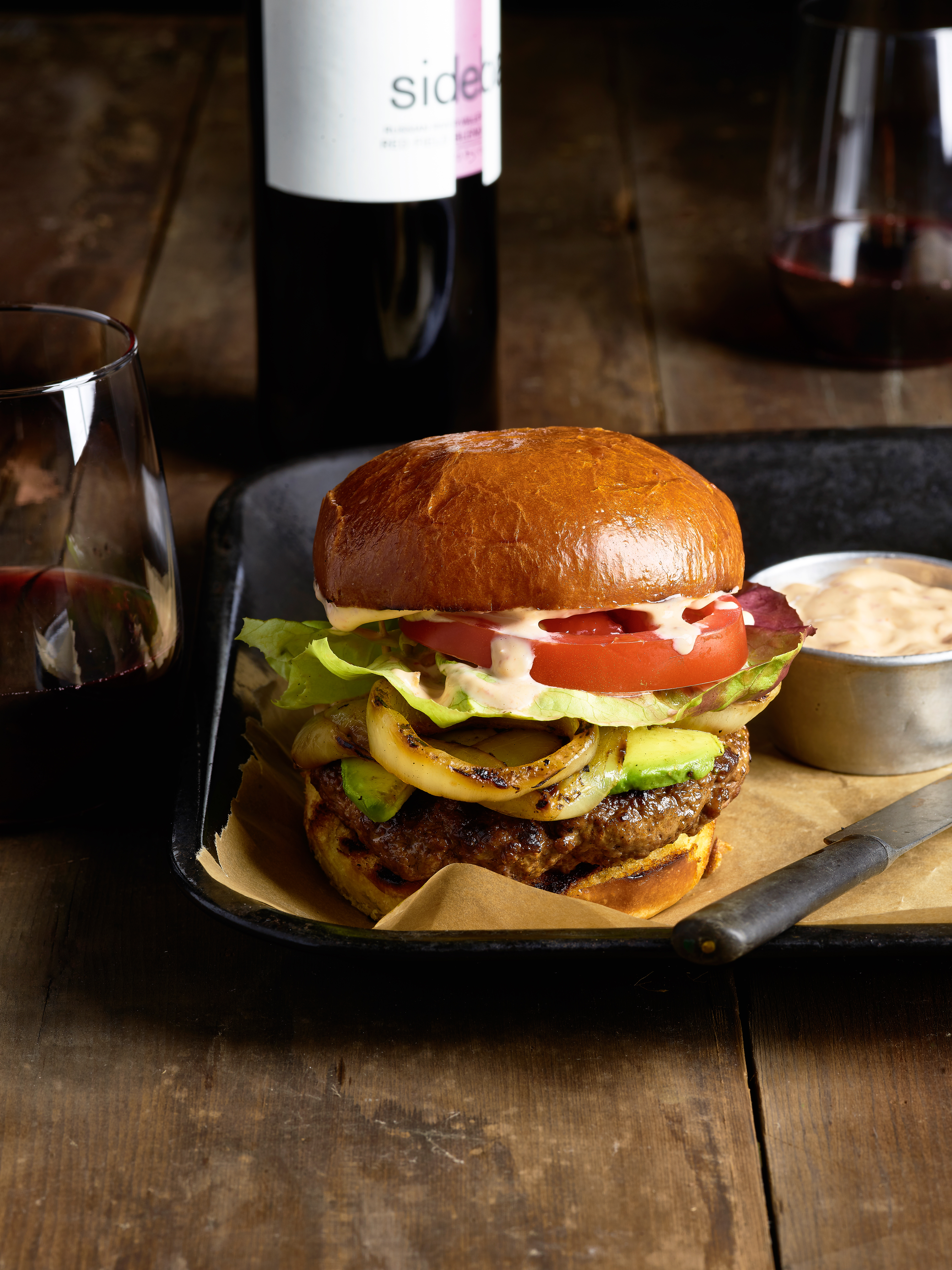 su- Ancho Chile Burgers with Grilled Onions and Chipotle Mayo