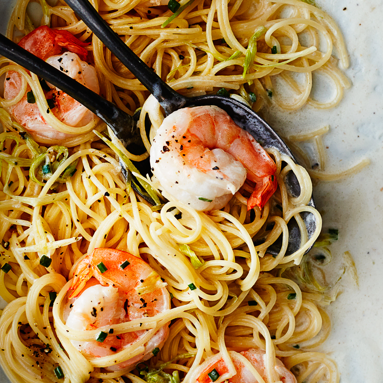 Angel Hair Pasta with Shrimp and Green Garlic Recipe -Sunset Magazine