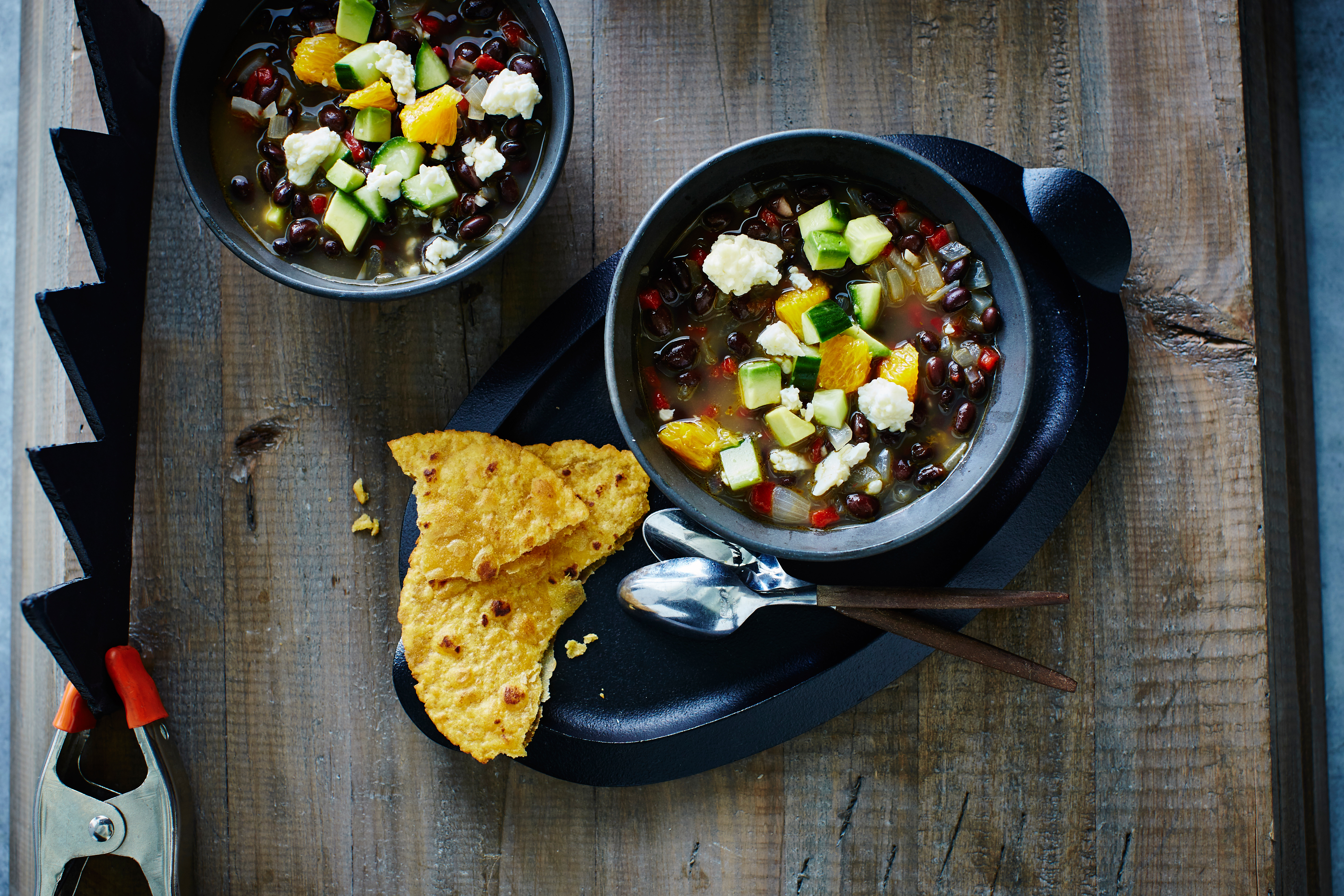 Black Bean Soup with Avocado, Orange, and Cucumber