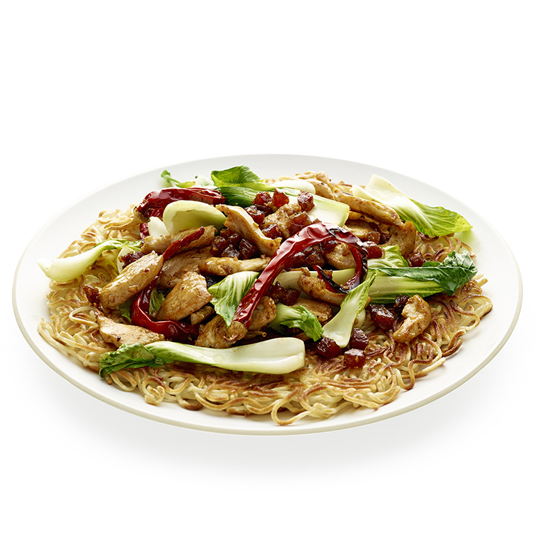 su-Bok Choy and Chicken Stir-Fry over Noodle Pancake Image