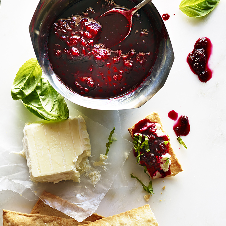 su-Boysenberry Wine Compote with Goat Cheese and Basil Image