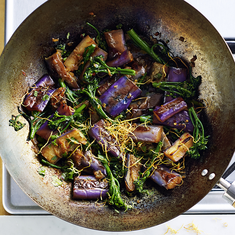 su-Braised Eggplant and Broccolini with Fried Ginger Image