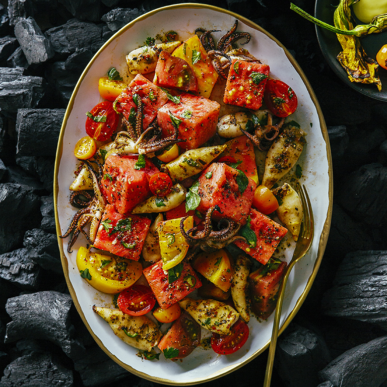 su-Grilled Calamari, Watermelon, and Tomato Salad Image