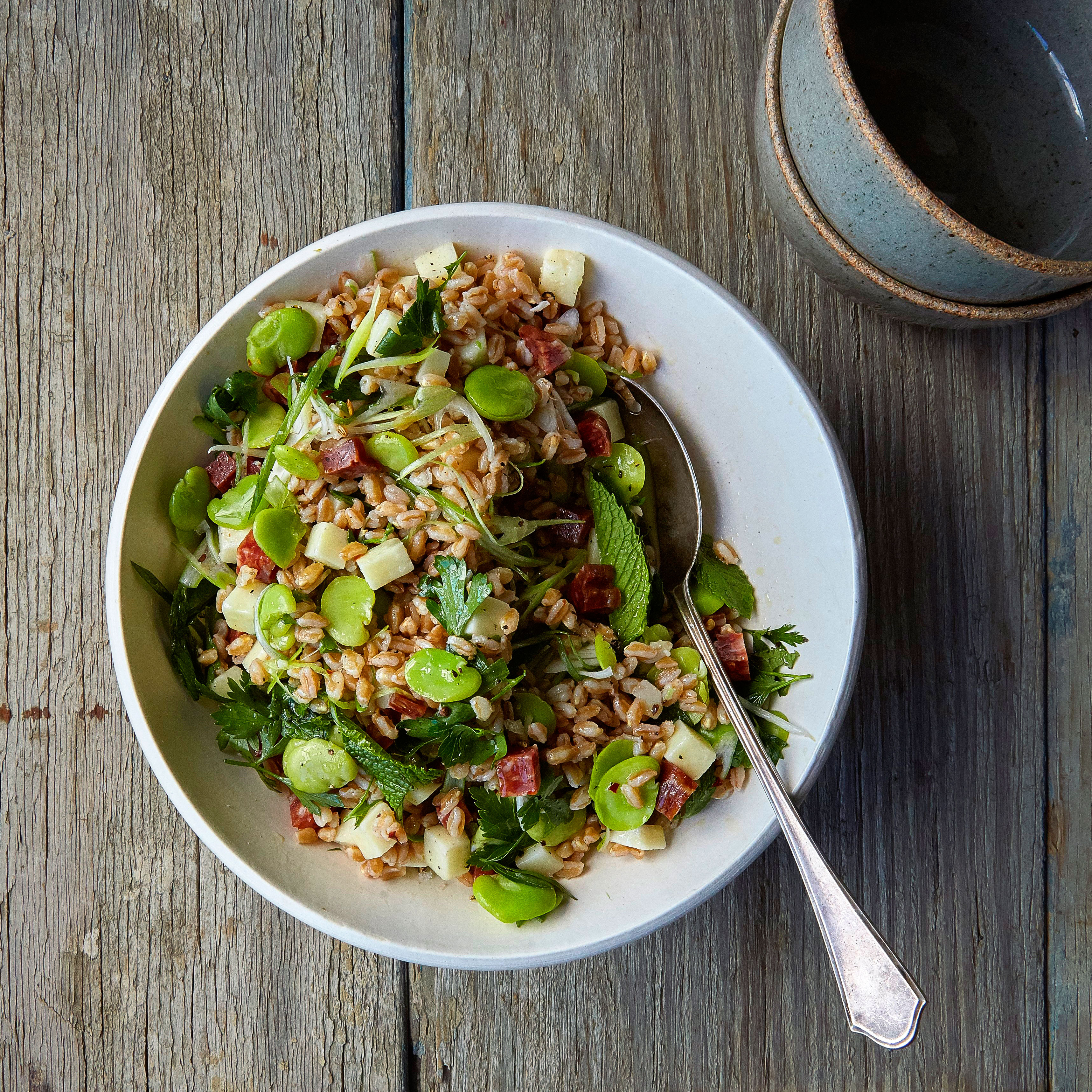 su-Fava, Farro, Pecorino, and Salami Salad
