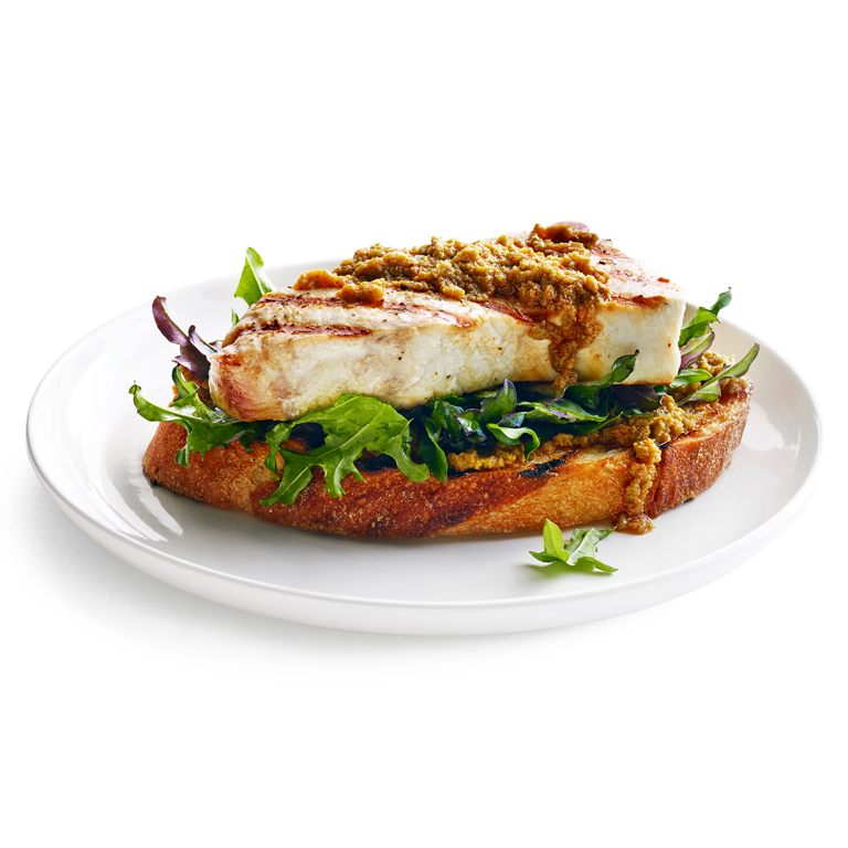 su-Grilled Swordfish Toasts with Lemon-Olive Tapenade Image