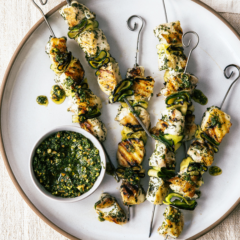 su-Halibut & Squash Ribbon Skewers with Pistachio-Mint Salsa Verde Image