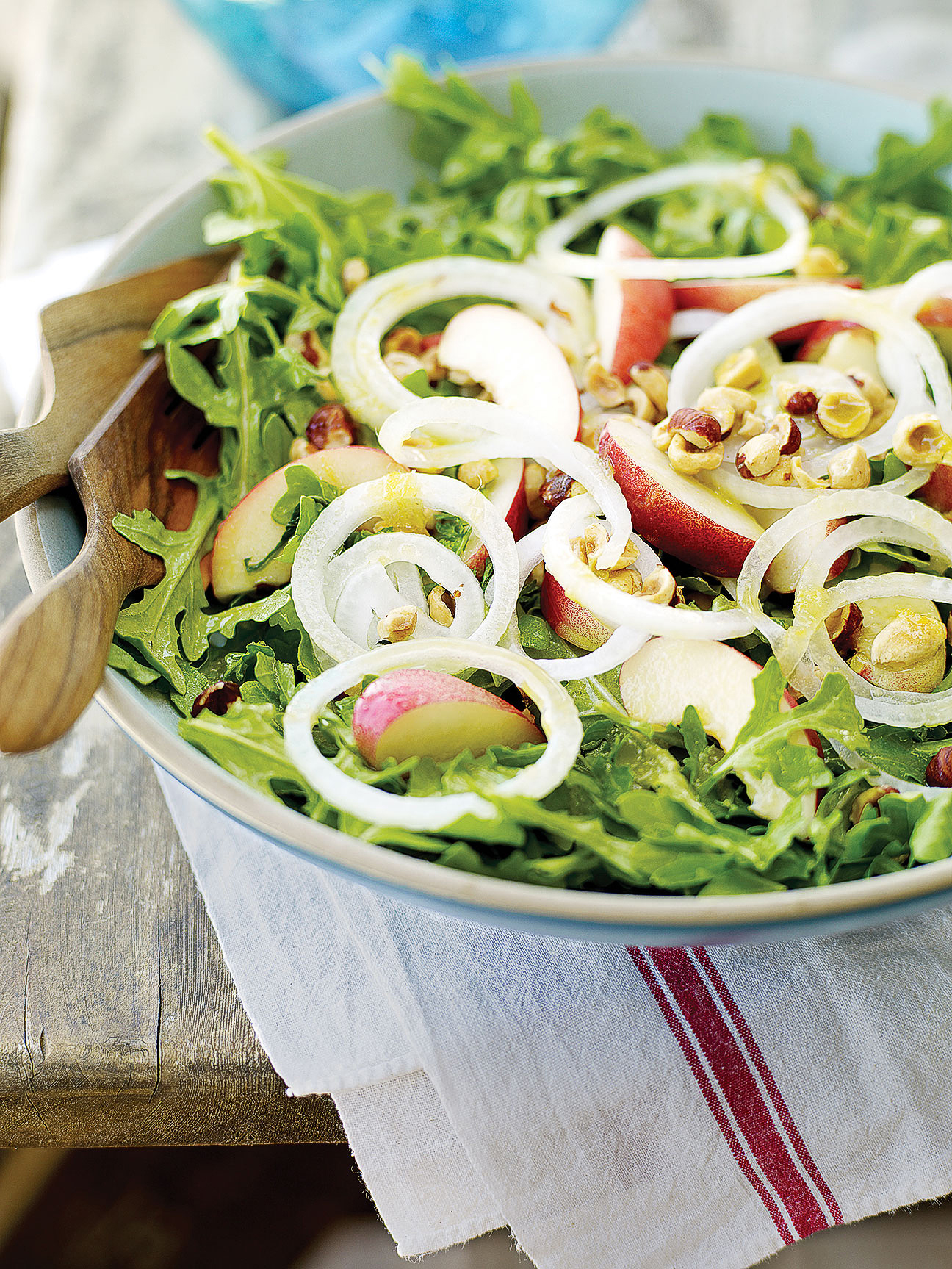 arugula-salad-with-white-nectarines-and-mango-chutney-dressing