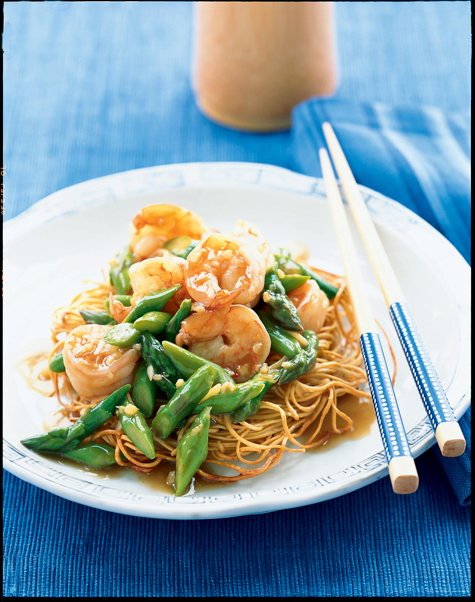 asparagus-and-shrimp-stir-fry-on-noodle-pillows
