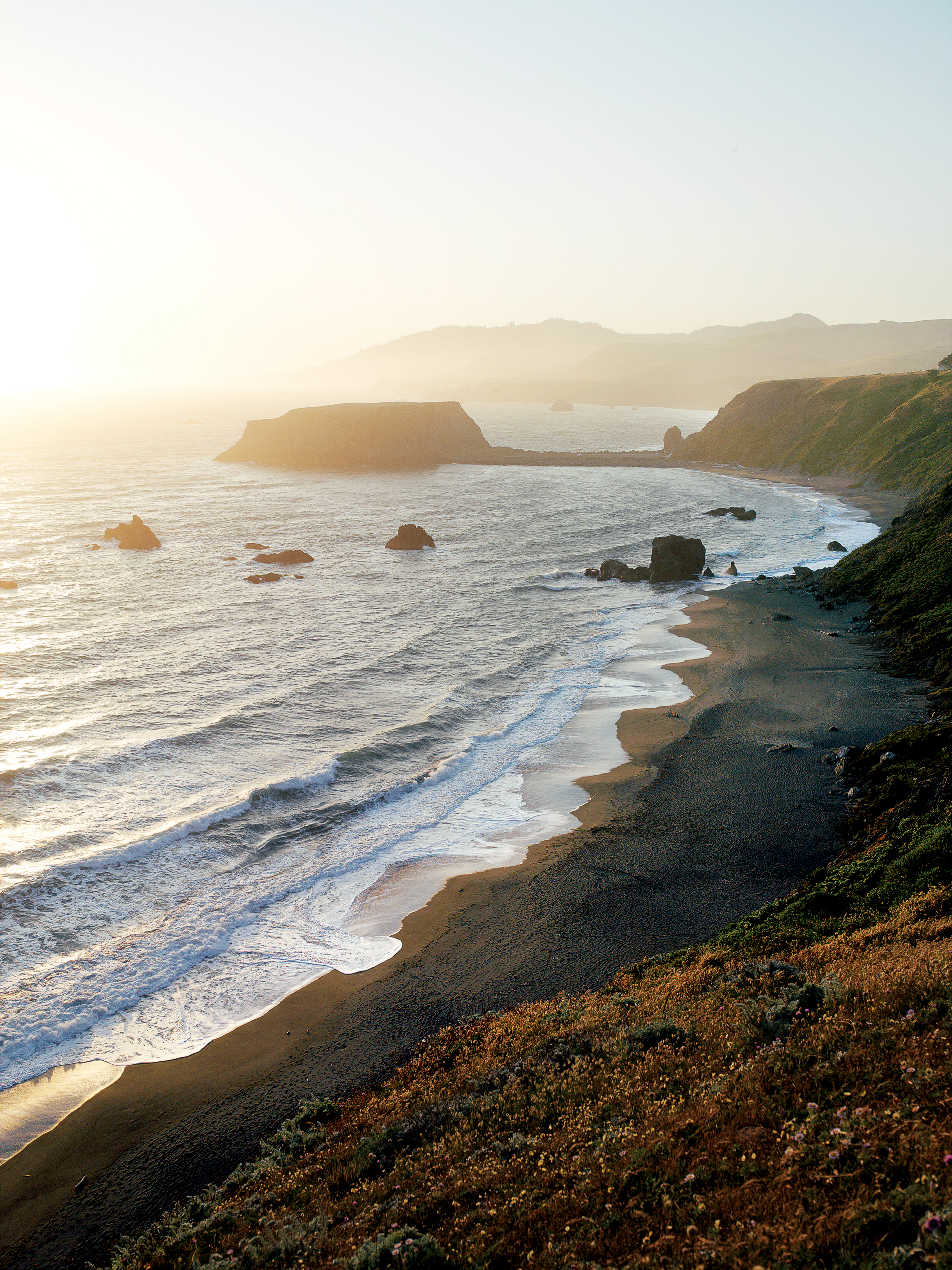 The dramatic shoreline at sunset in Sonoma County