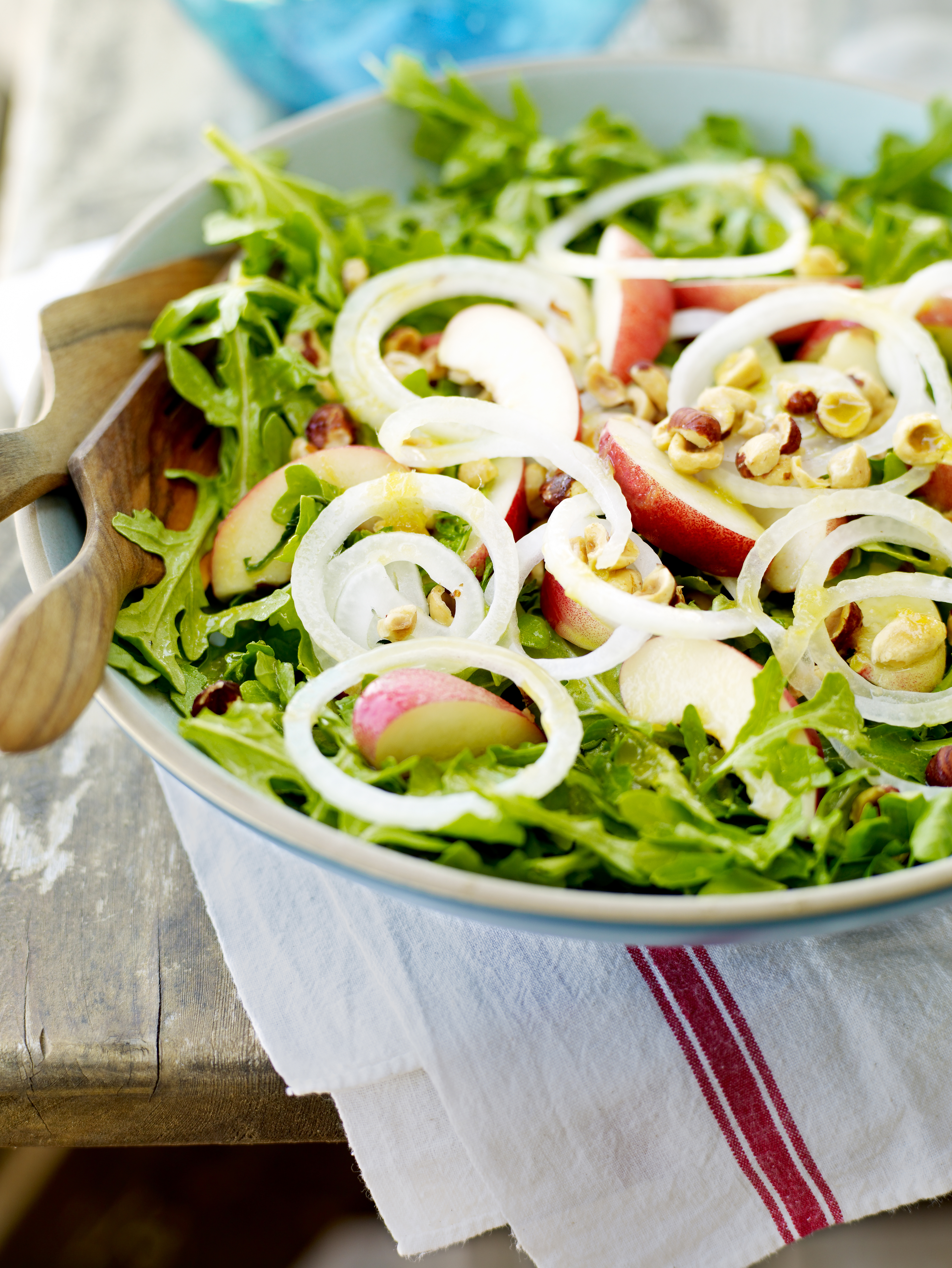 arugula-salad-with-white-nectarines-and-mango-chutney-dressing