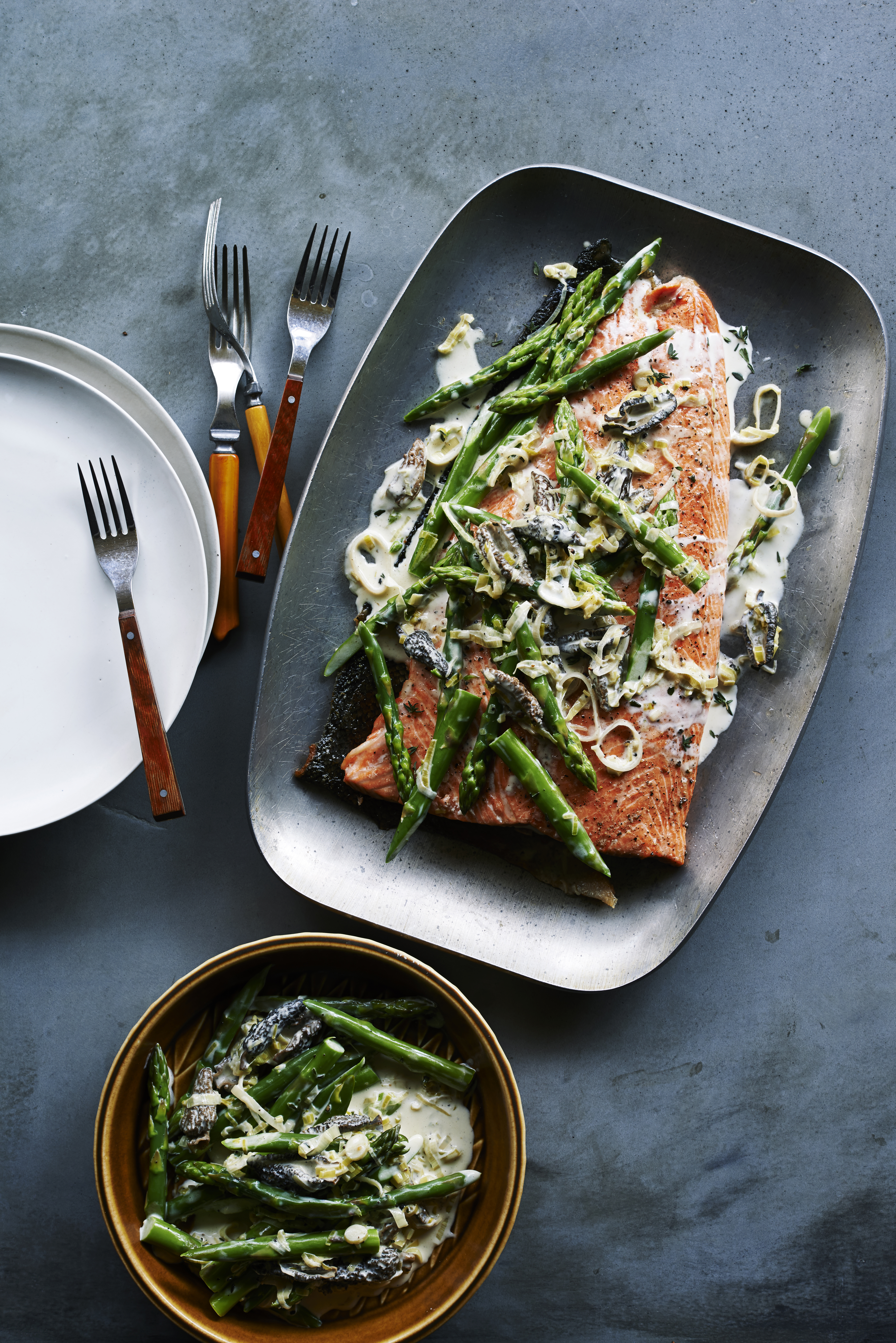 grilled-king-salmon-with-asparagus-morels-and-leeks