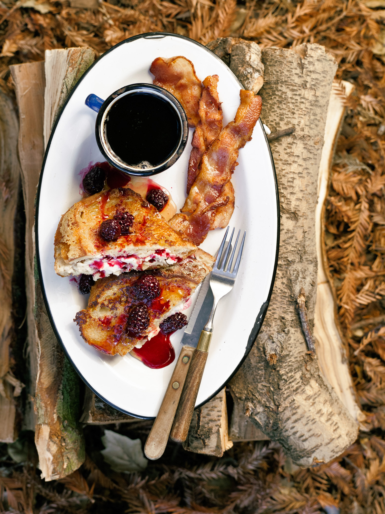 Camping breakfast: Mascarpone French Toast with Warm Blackberry Syrup (0513)