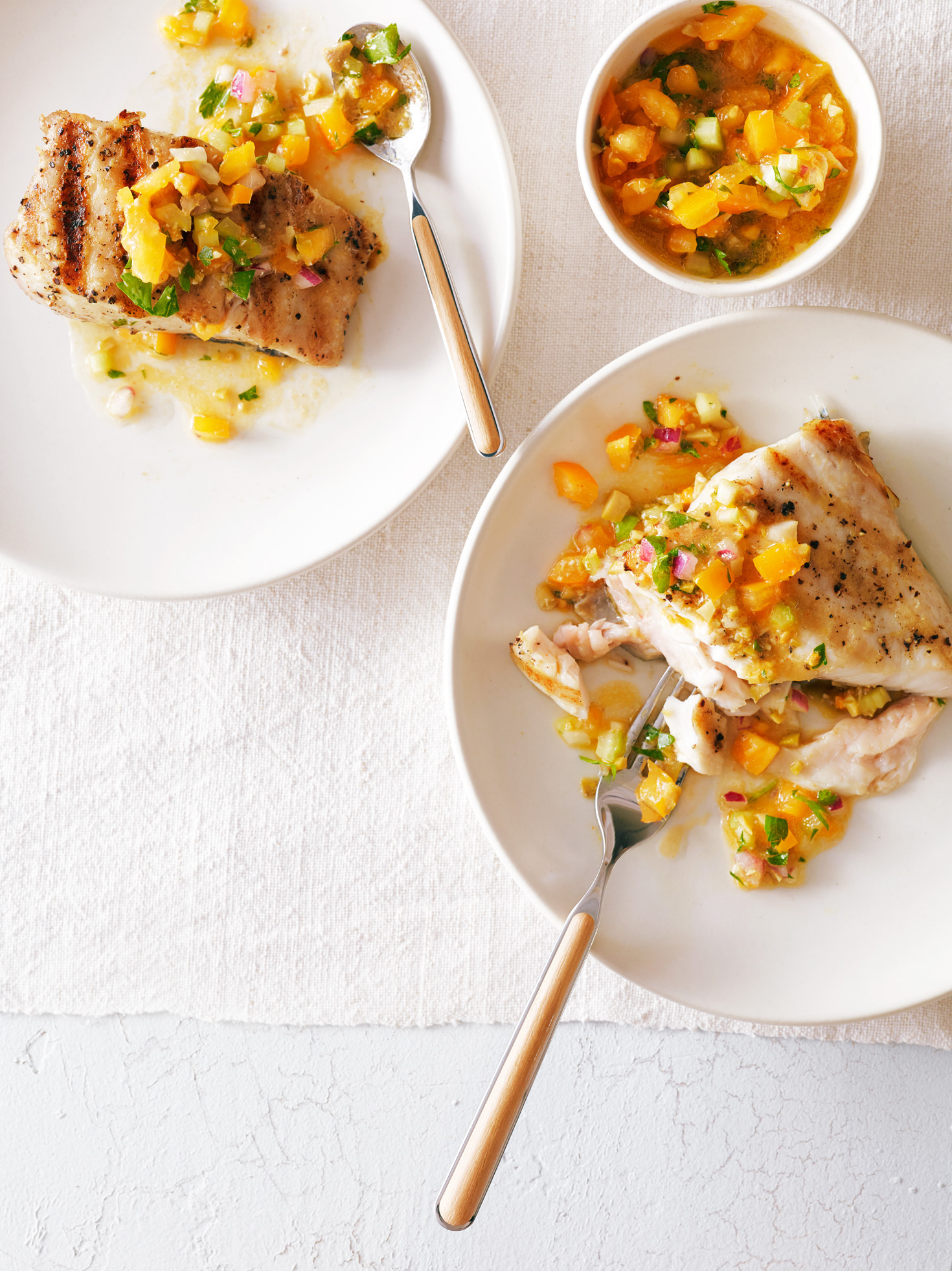 Grilled Halibut with Tomato, Green Olive, and Celery Sauce (0813)