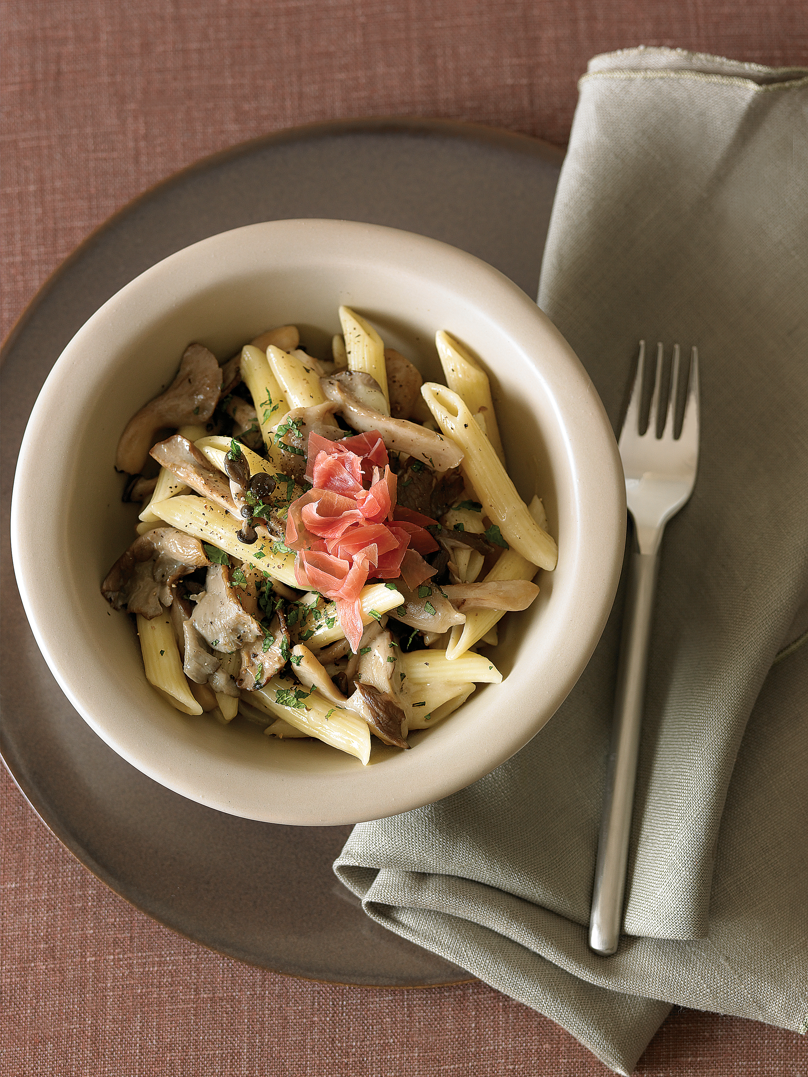 penne-with-oyster-mushrooms-prosciutto-and-mint