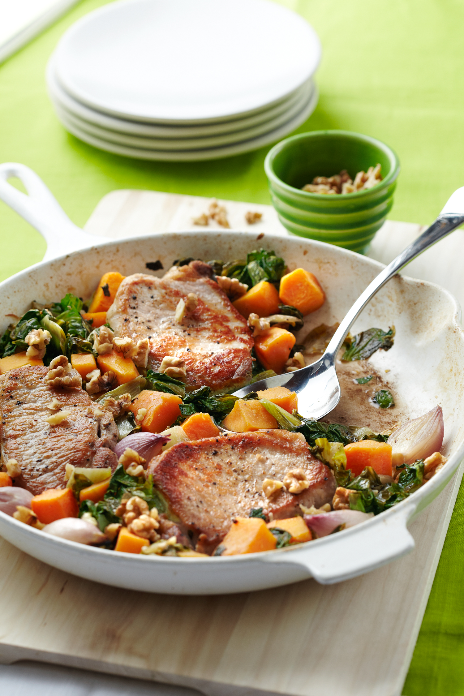 pork-chops-with-butternut-squash-escarole-and-walnuts