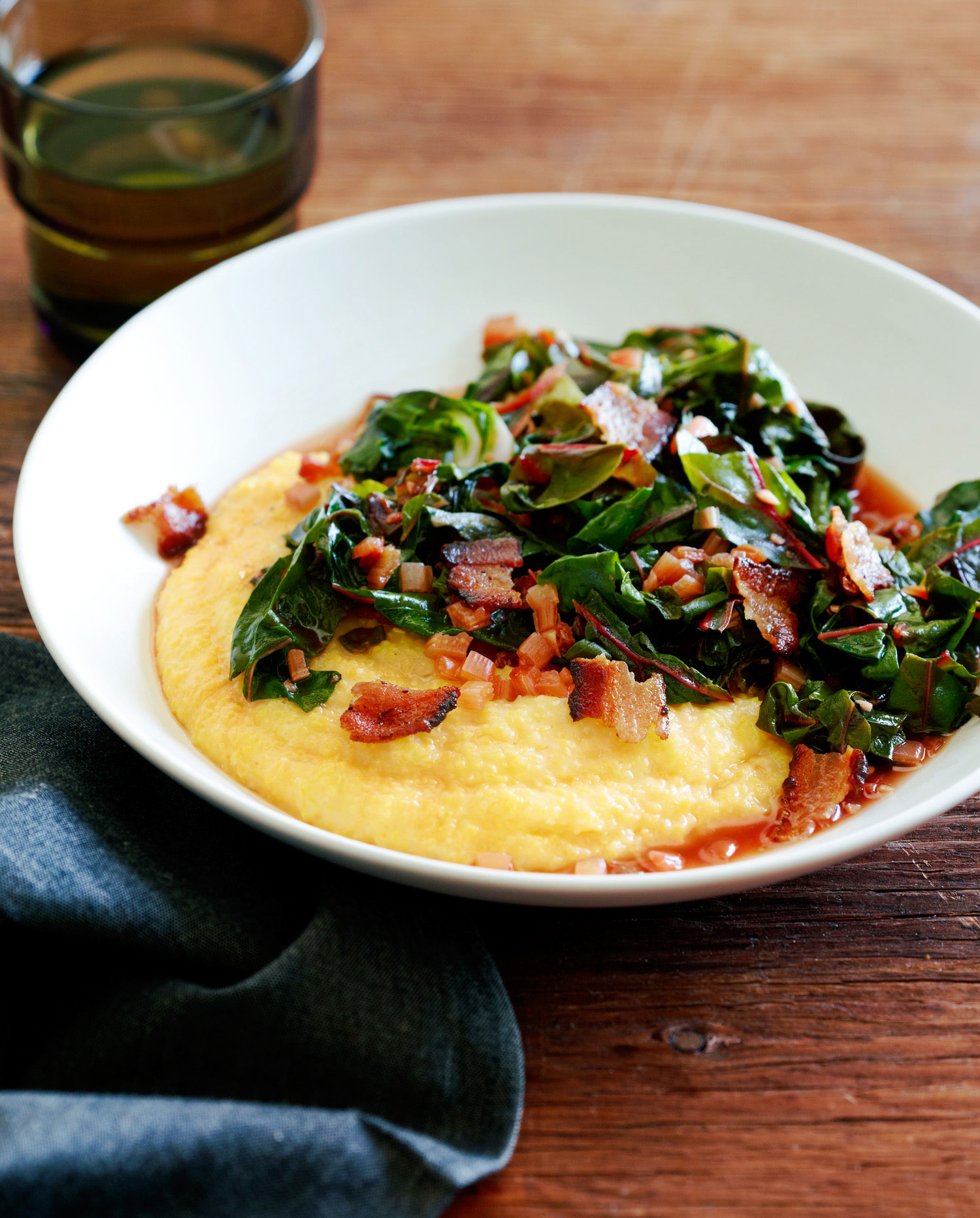 Spicy Rainbow Chard with Bacon and Polenta