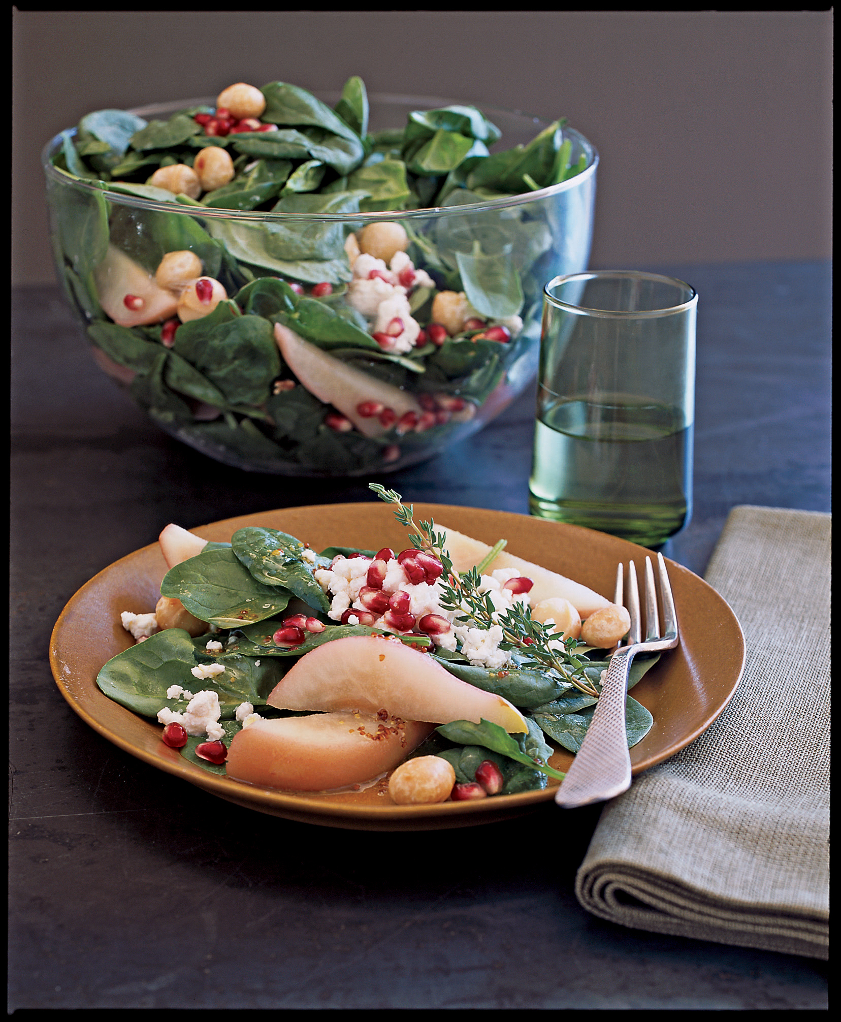 poached-pear-macadamia-and-spinach-salad-with-goat-cheese