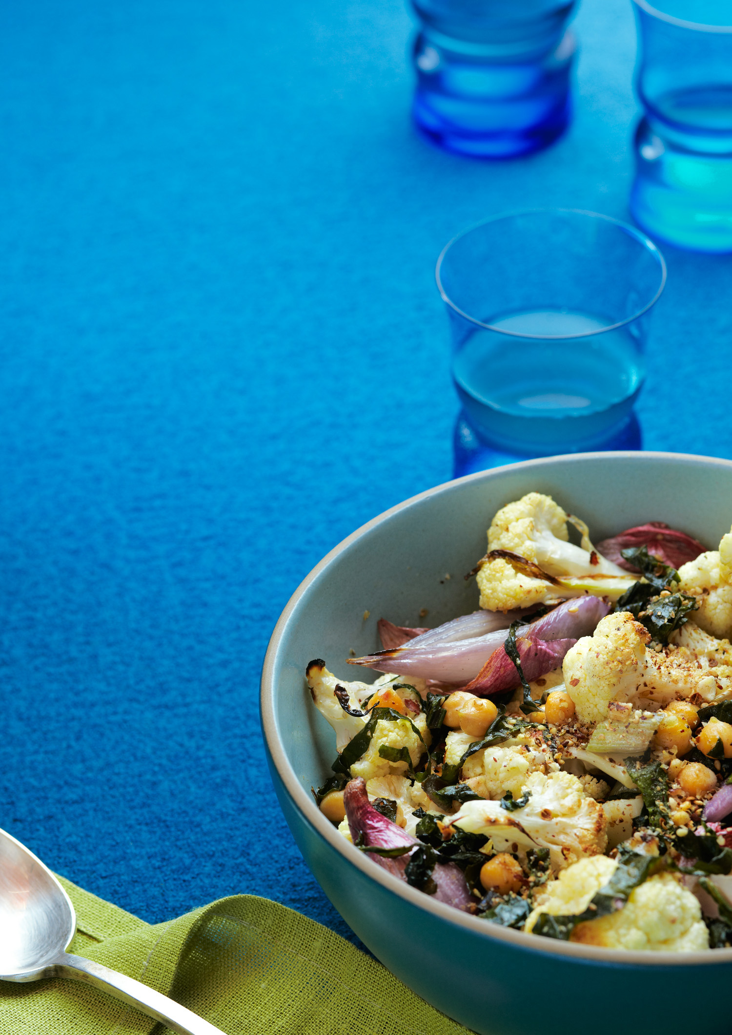 Roasted Cauliflower and Shallots with Chard and Dukkah