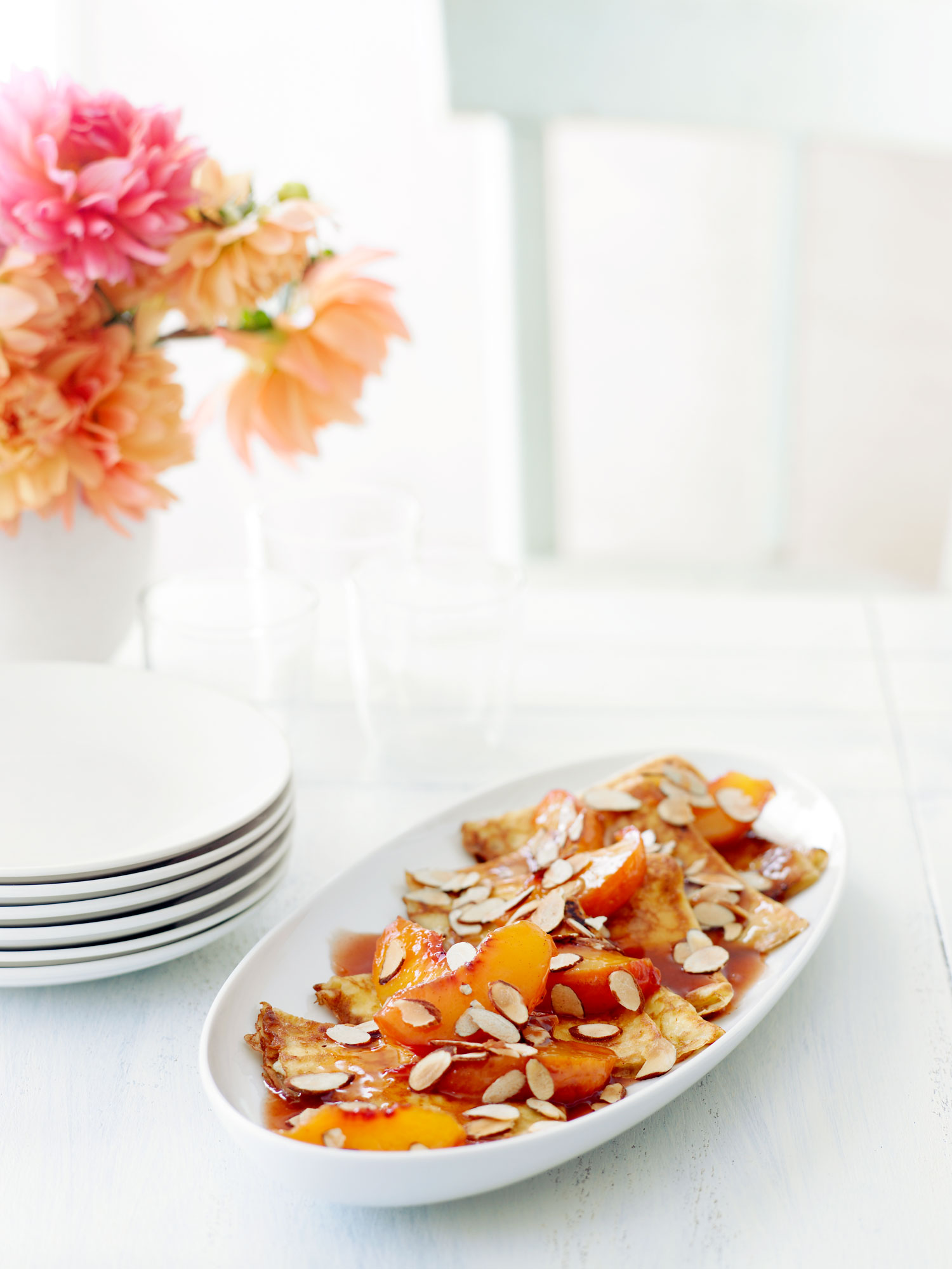 Crepes with Warm Cognac Peaches and Almonds