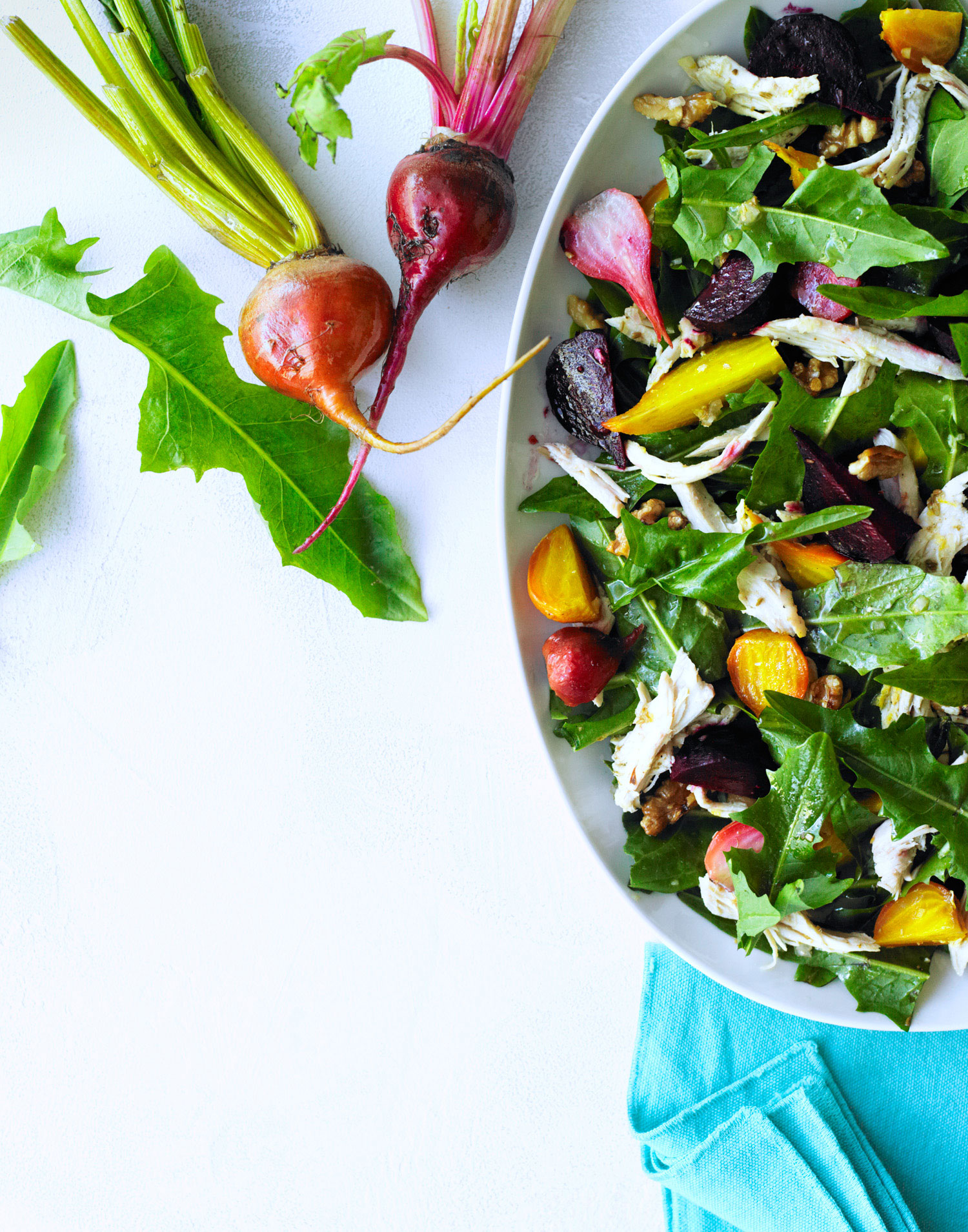 Chicken salads: Chicken Salad with Roasted Beets and Dandelion Greens (0412)