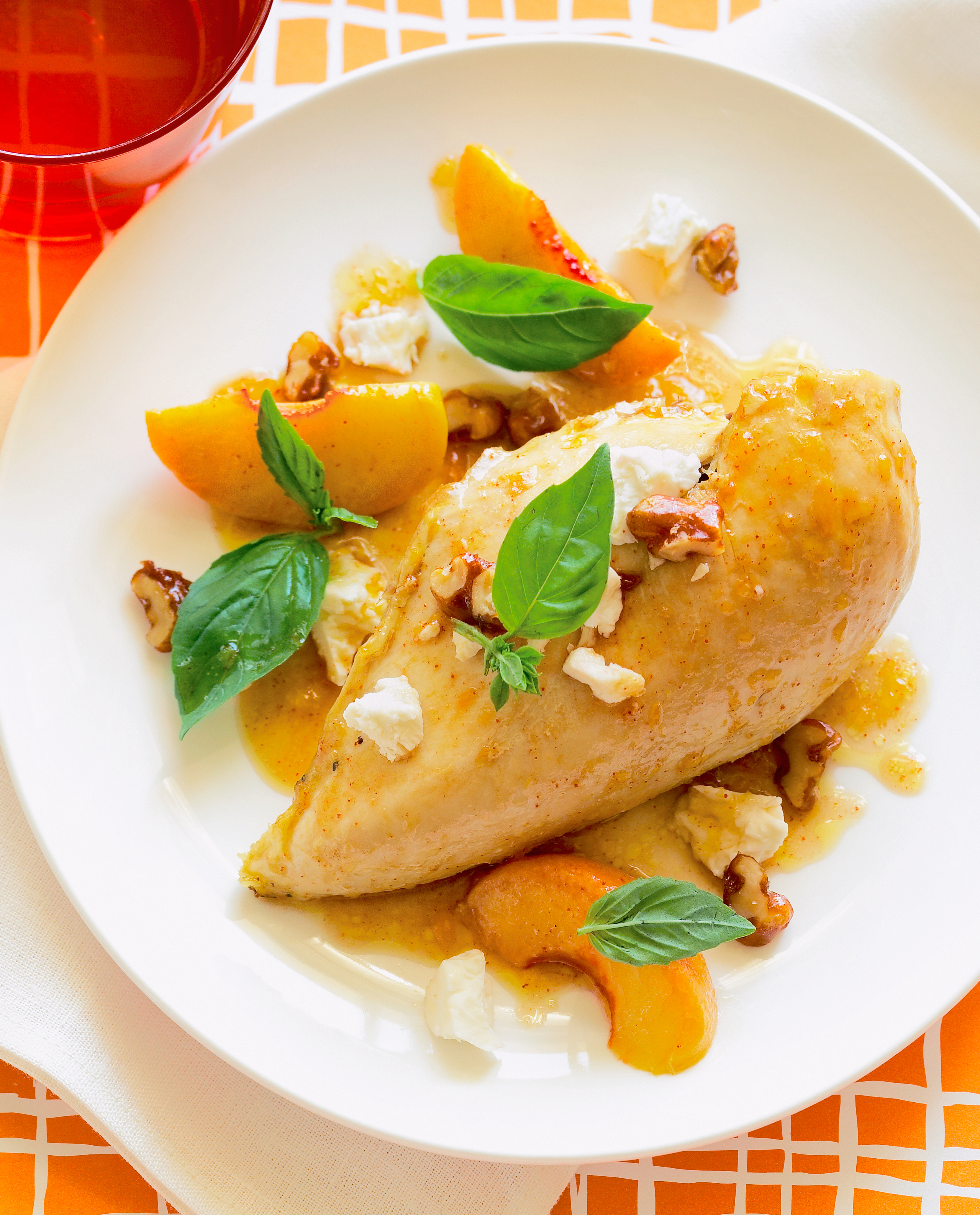 rotisserie-chicken-with-peaches-walnuts-and-basil