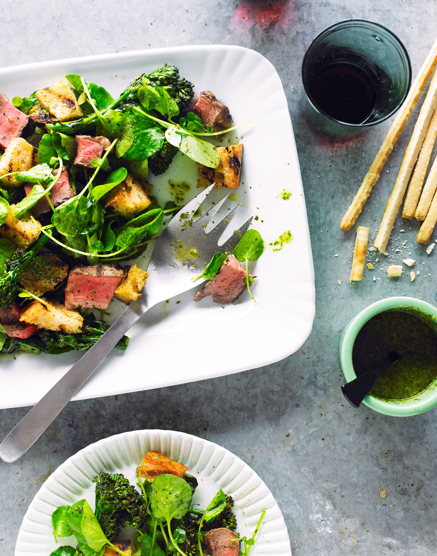 Spring Salads: Beef, Broccolini, and Bread Salad with Salsa Verde (0418)