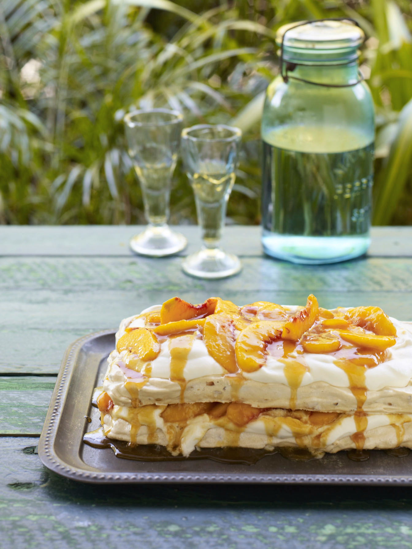 almond-pavlova-with-peaches-cream-and-salted-peach-caramel