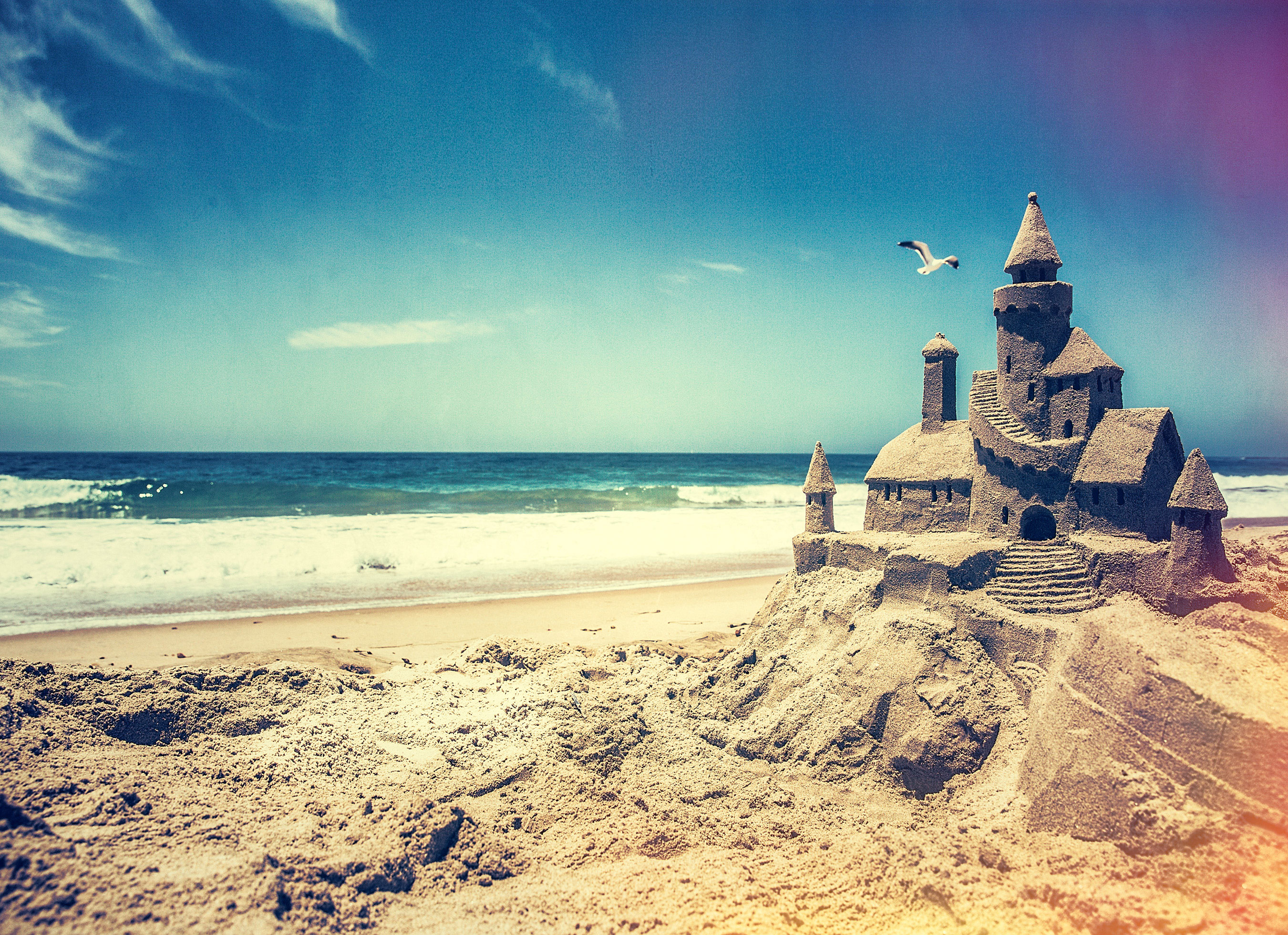 Sand castle on the beach seagull in background