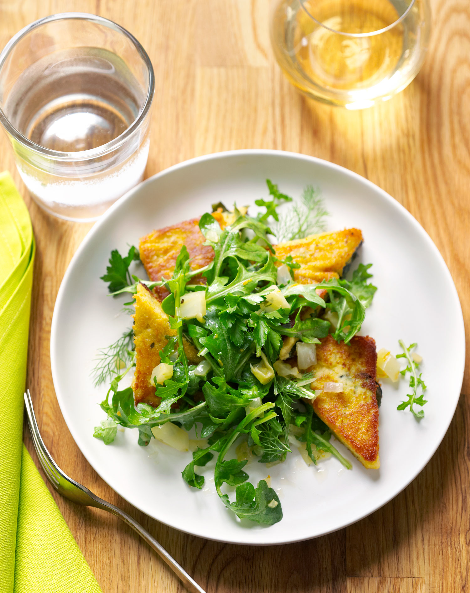 chickpea-cake-with-fava-leaves-and-arugula-salad