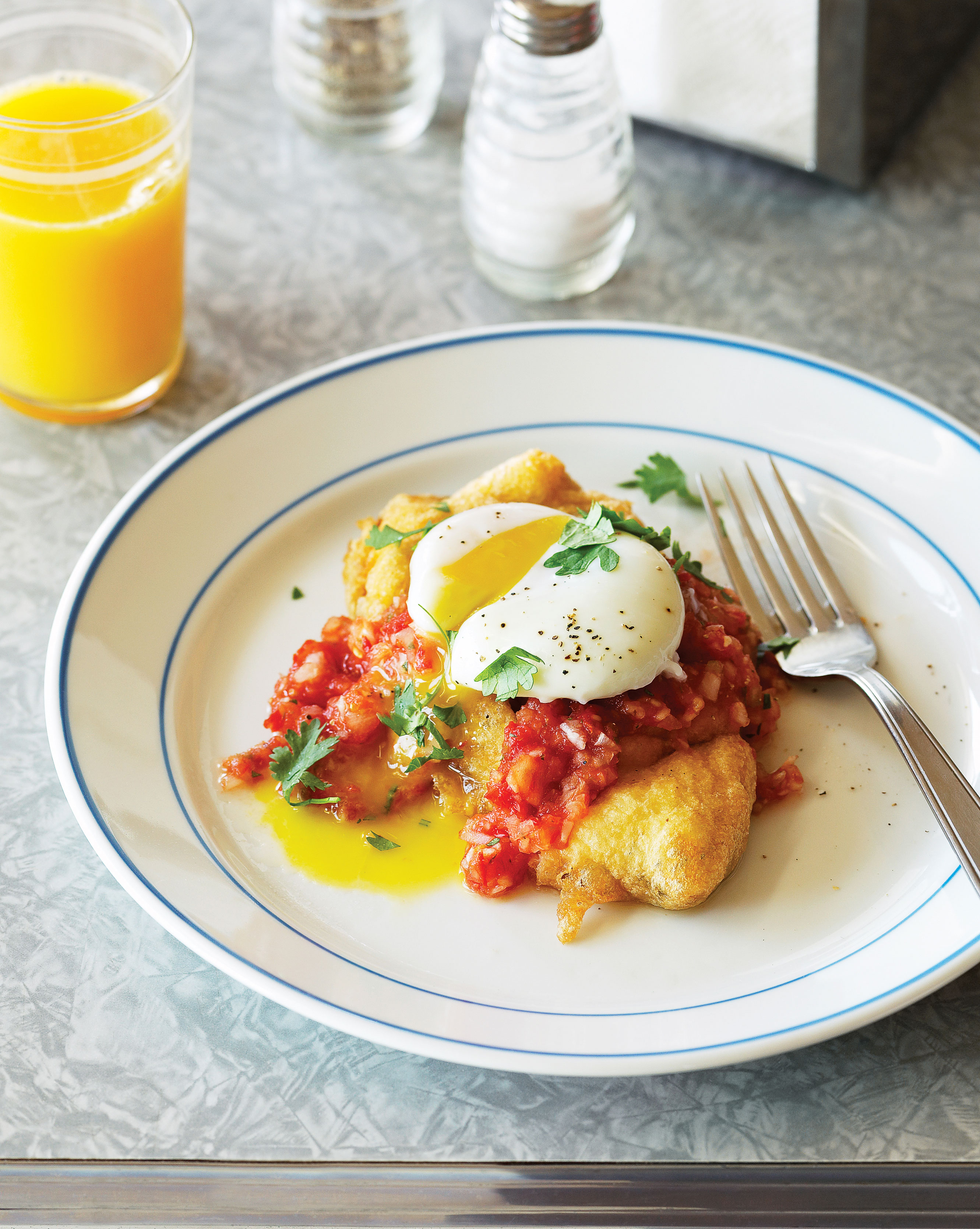 Vegetarian eggs: Chiles Rellenos and Eggs with Tomato Jalapeño Salsa (0915)