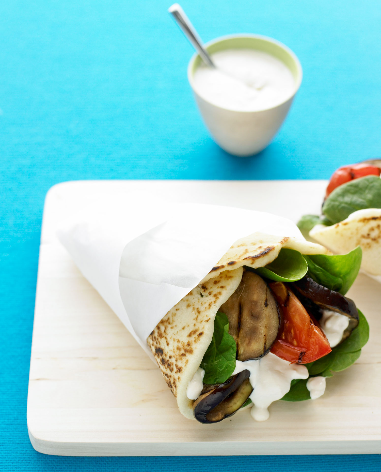 F&F vegetarian: Grilled Eggplant Naan Wraps with Tahini-Yogurt Dressing