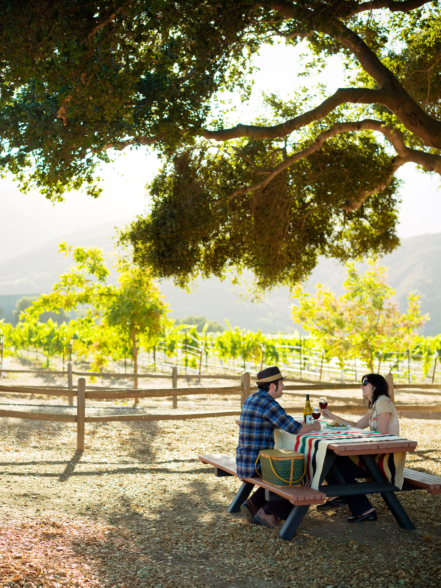 Couple picnicing under the oaks at Hahn Estate in Monterey Wine Country