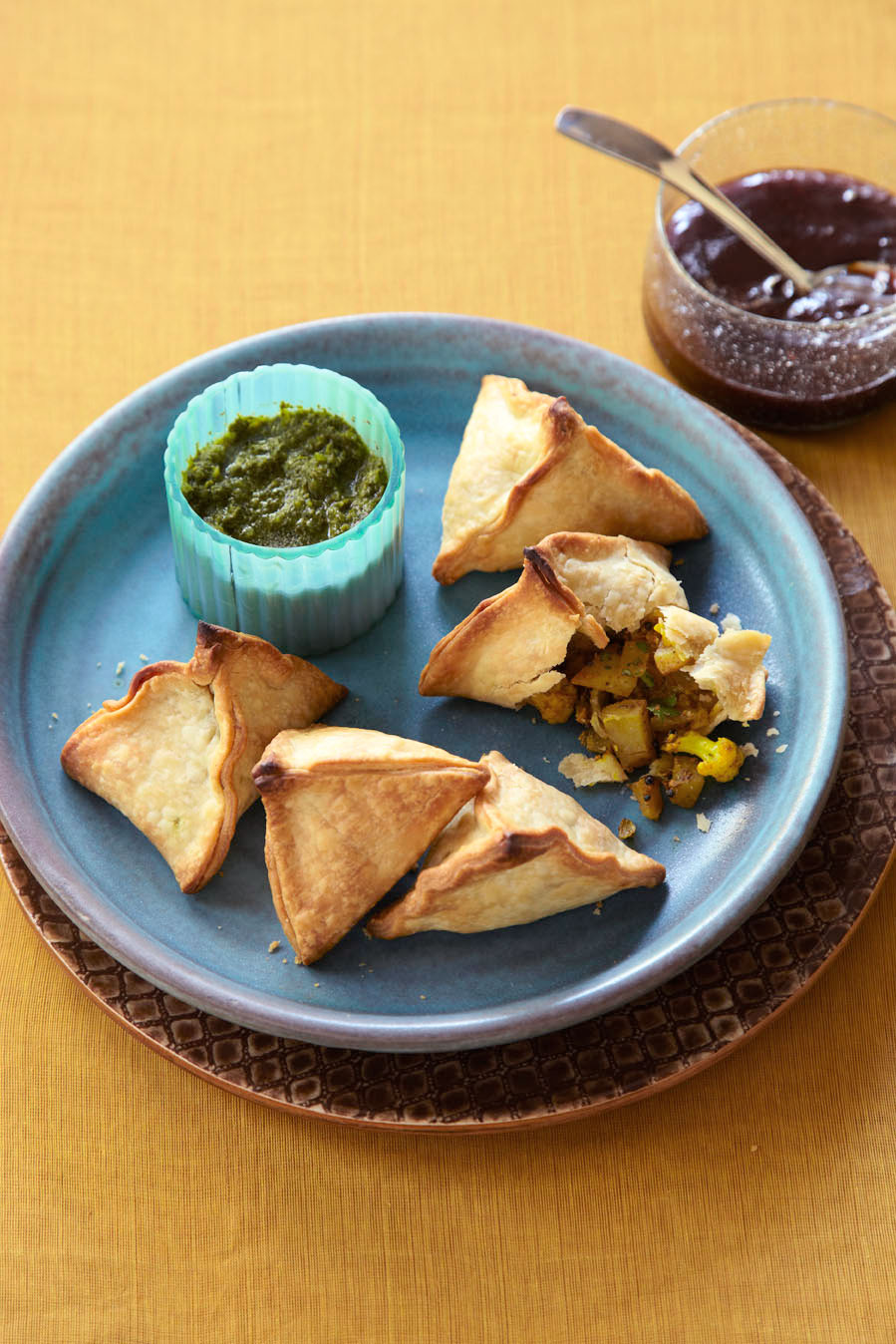 Spiced Potato and Cauliflower Samosas with Two Chutneys
