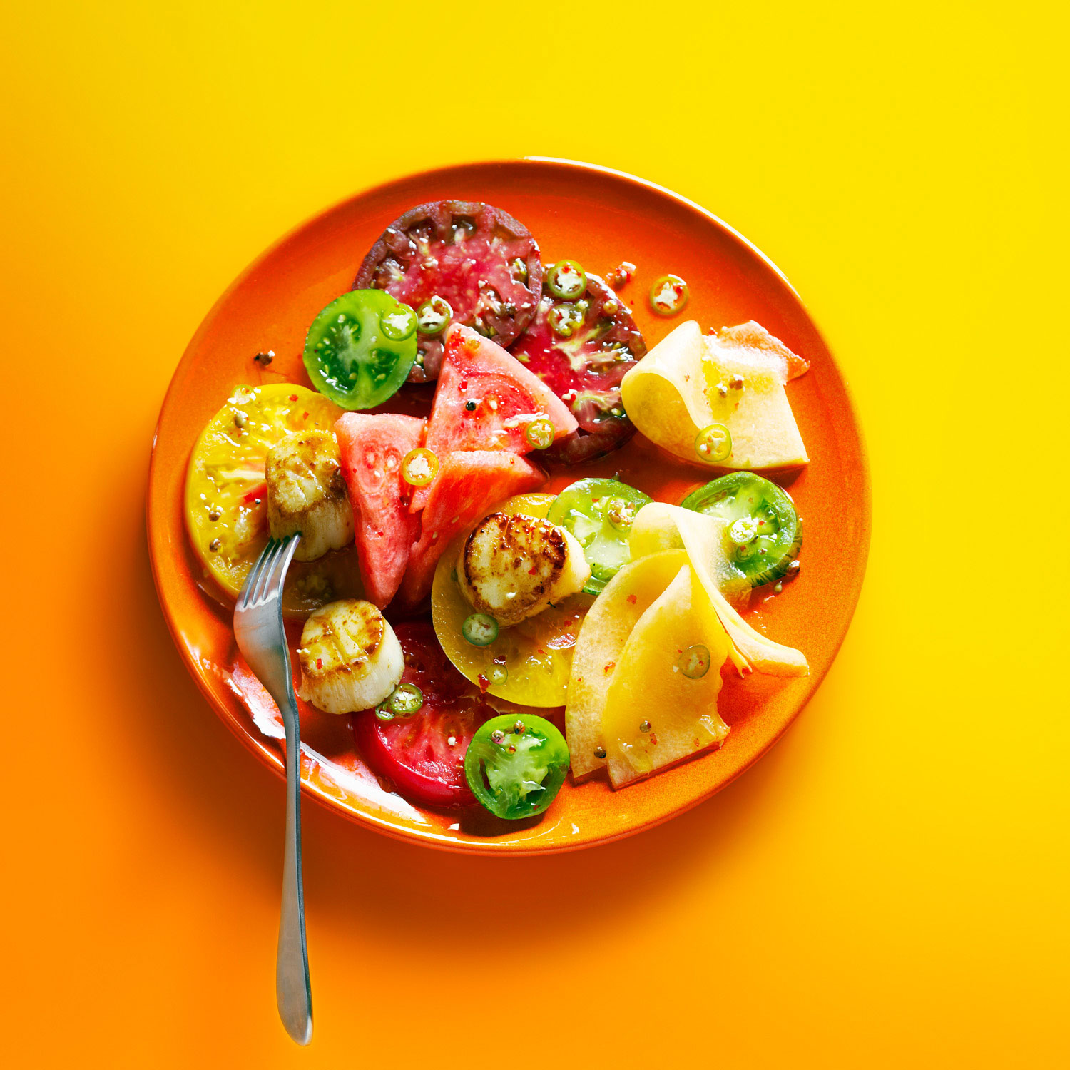 tomato-and-melon-salad-with-scallops-and-pink-peppercorns