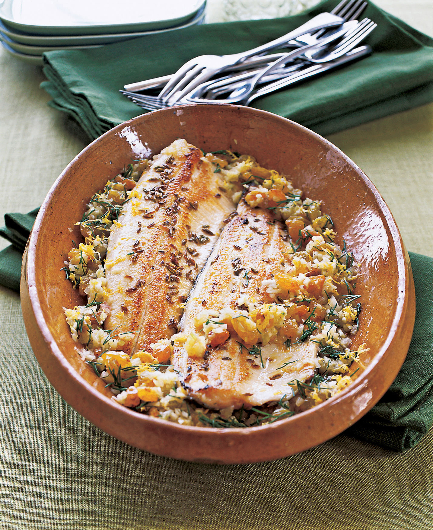 Fennel-crusted trout with lemon-ginger vinaigrette
