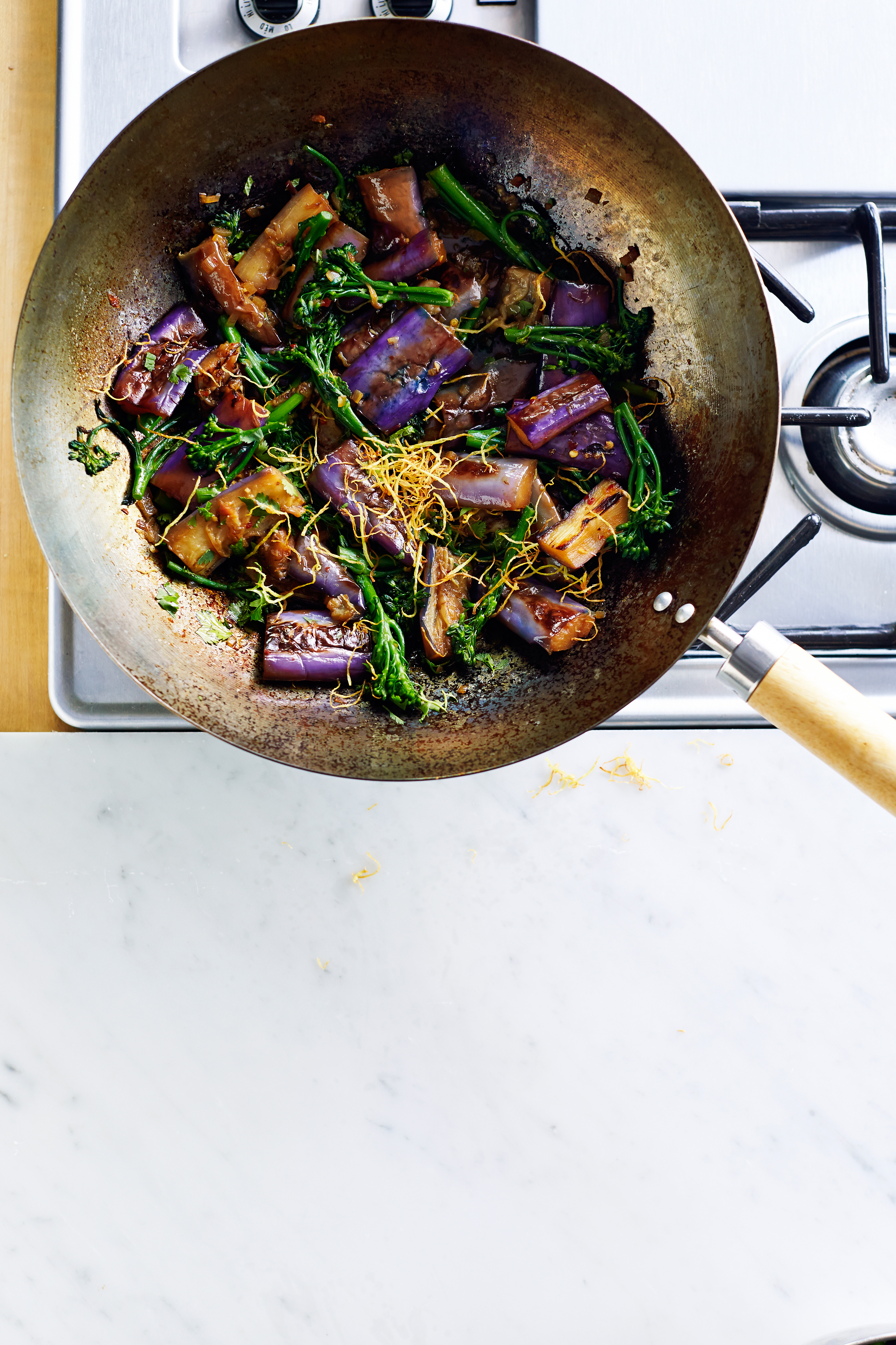 braised-eggplant-and-broccolini-with-fried-ginger