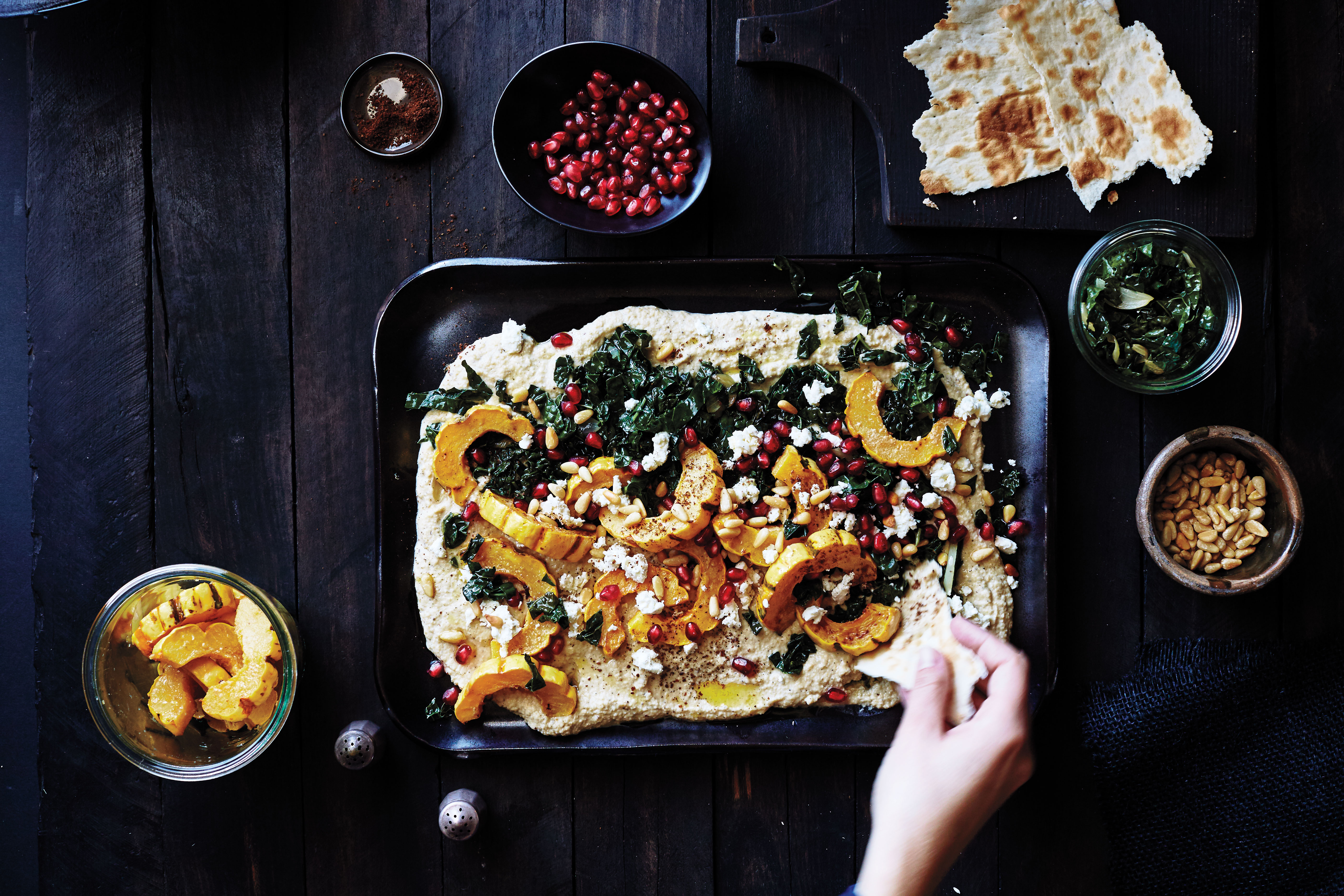 sumac-hummus-with-kale-ribbons-and-roasted-delicata-squash