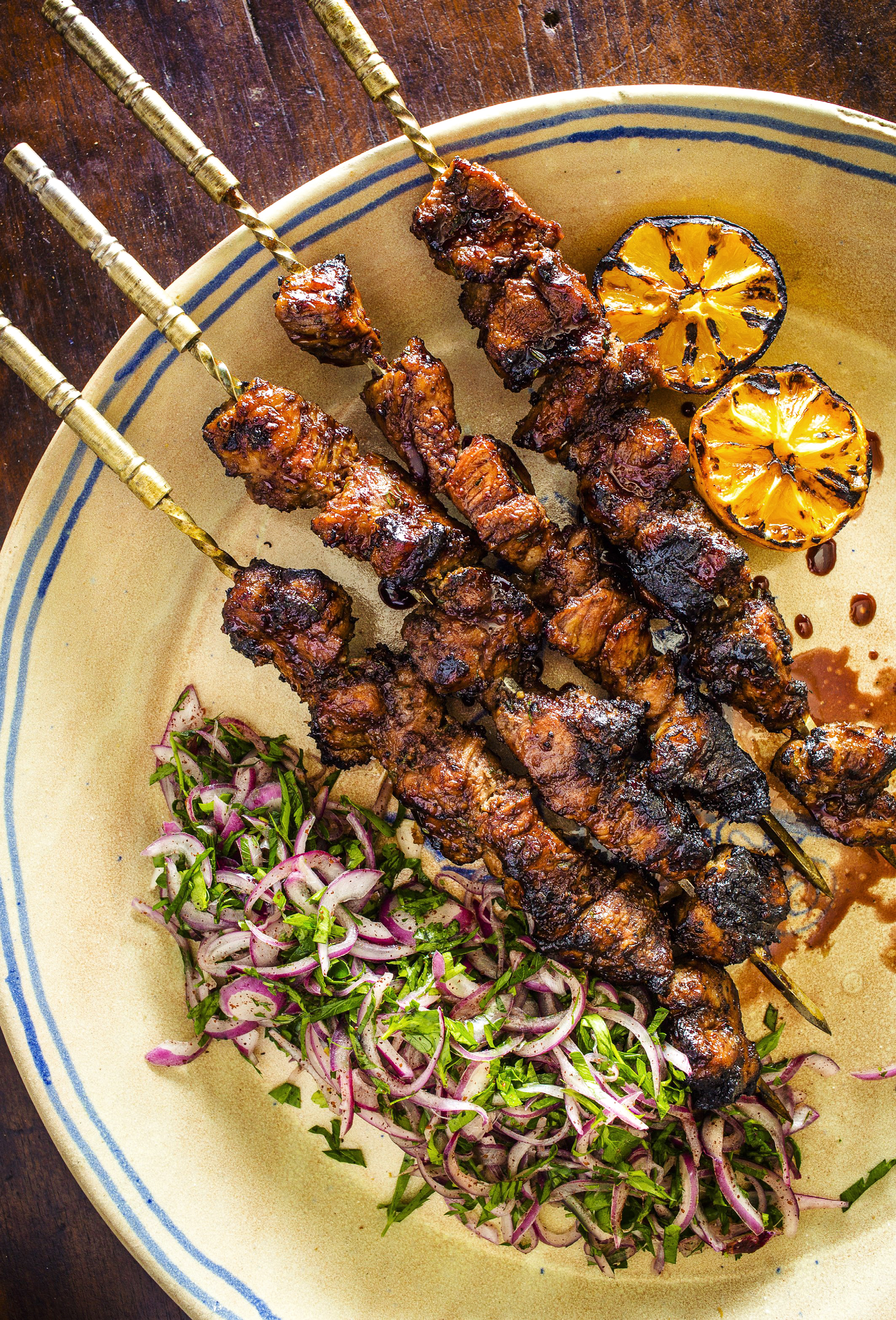 pomegranate-glazed-pork-skewers-with-dill-onion-marinade