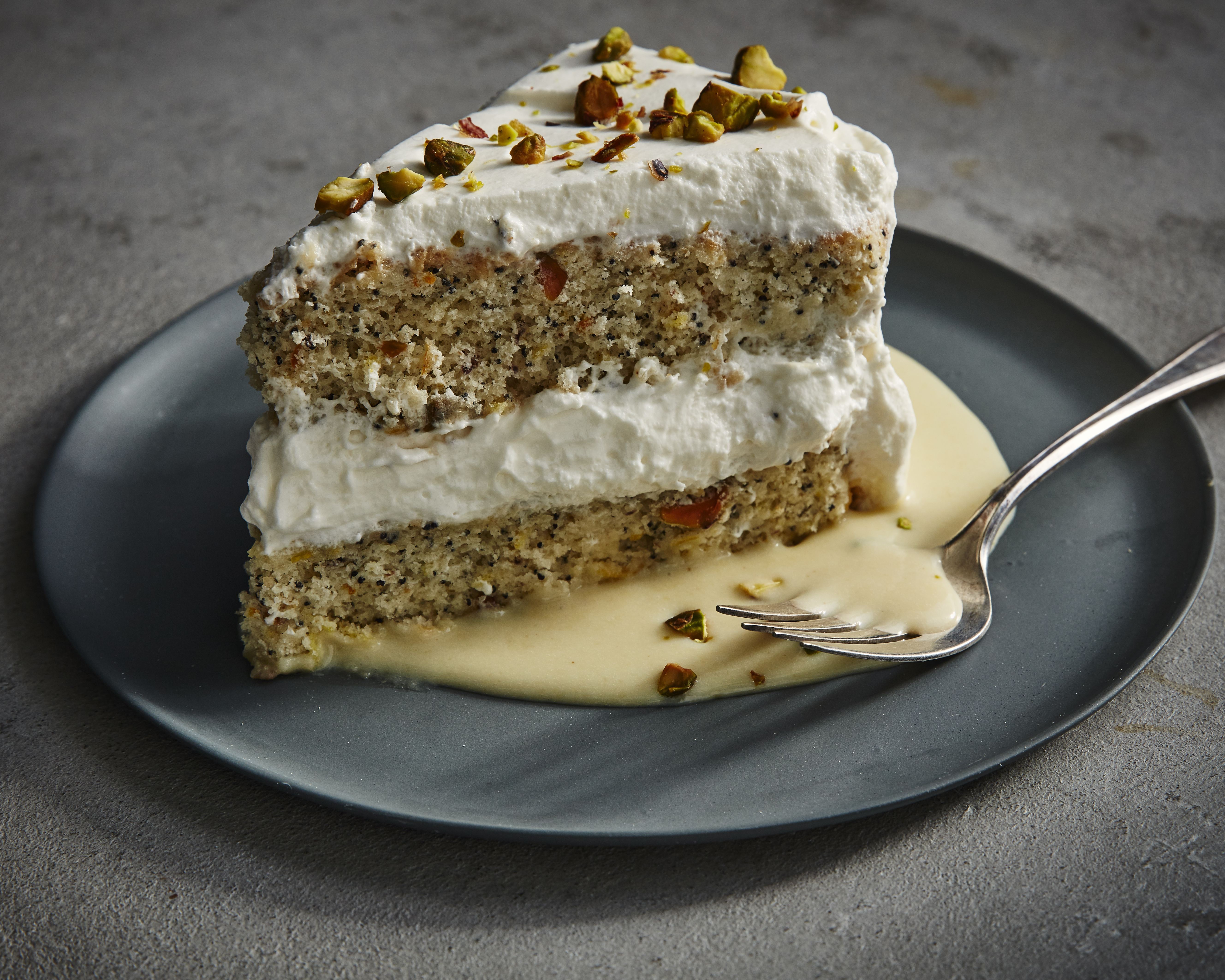 Pistachio cream and sesame custard make a winning pair