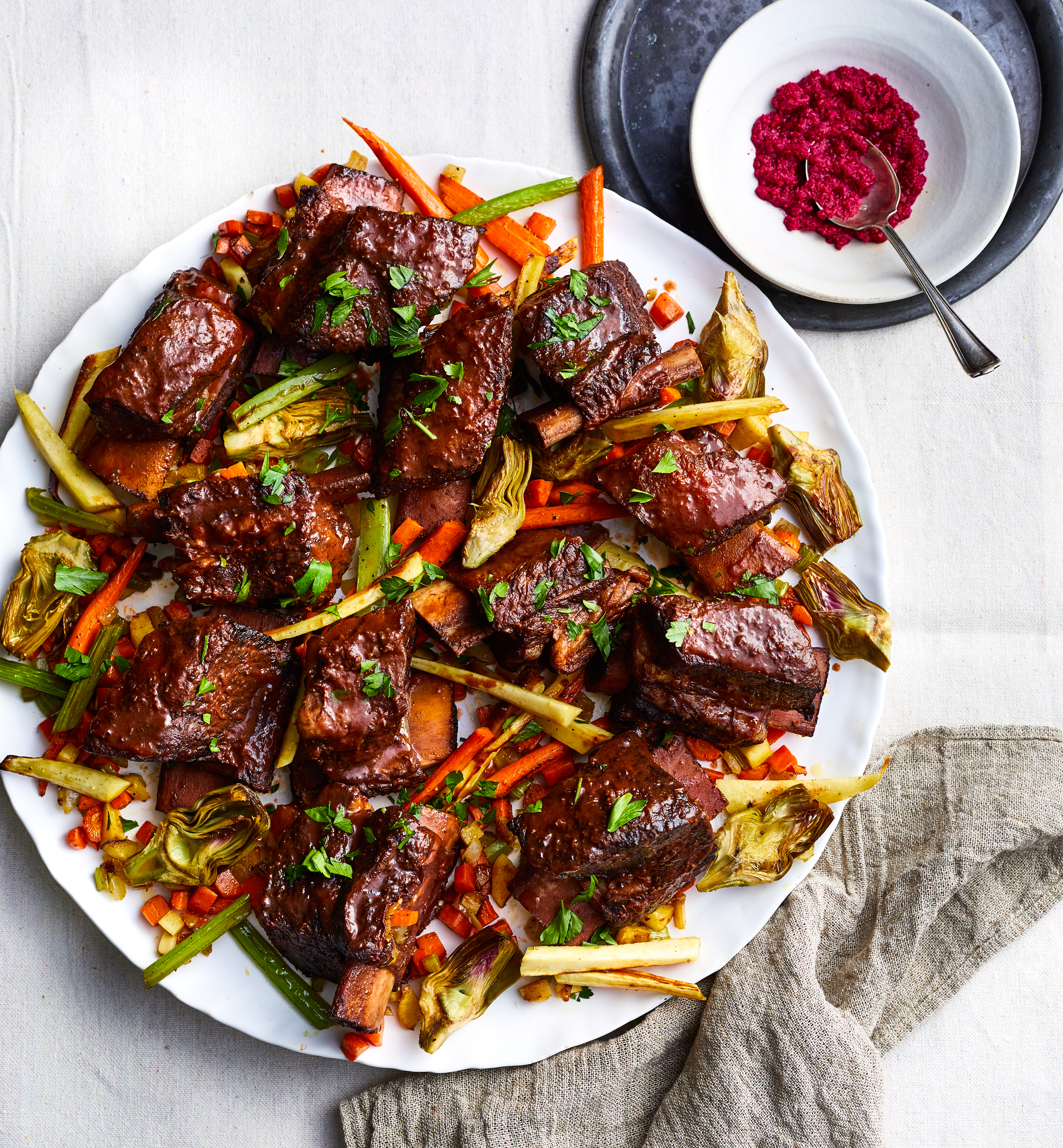 Passover recipes: Wine-braised Short Ribs with Parsnips, Carrots, and Artichokes