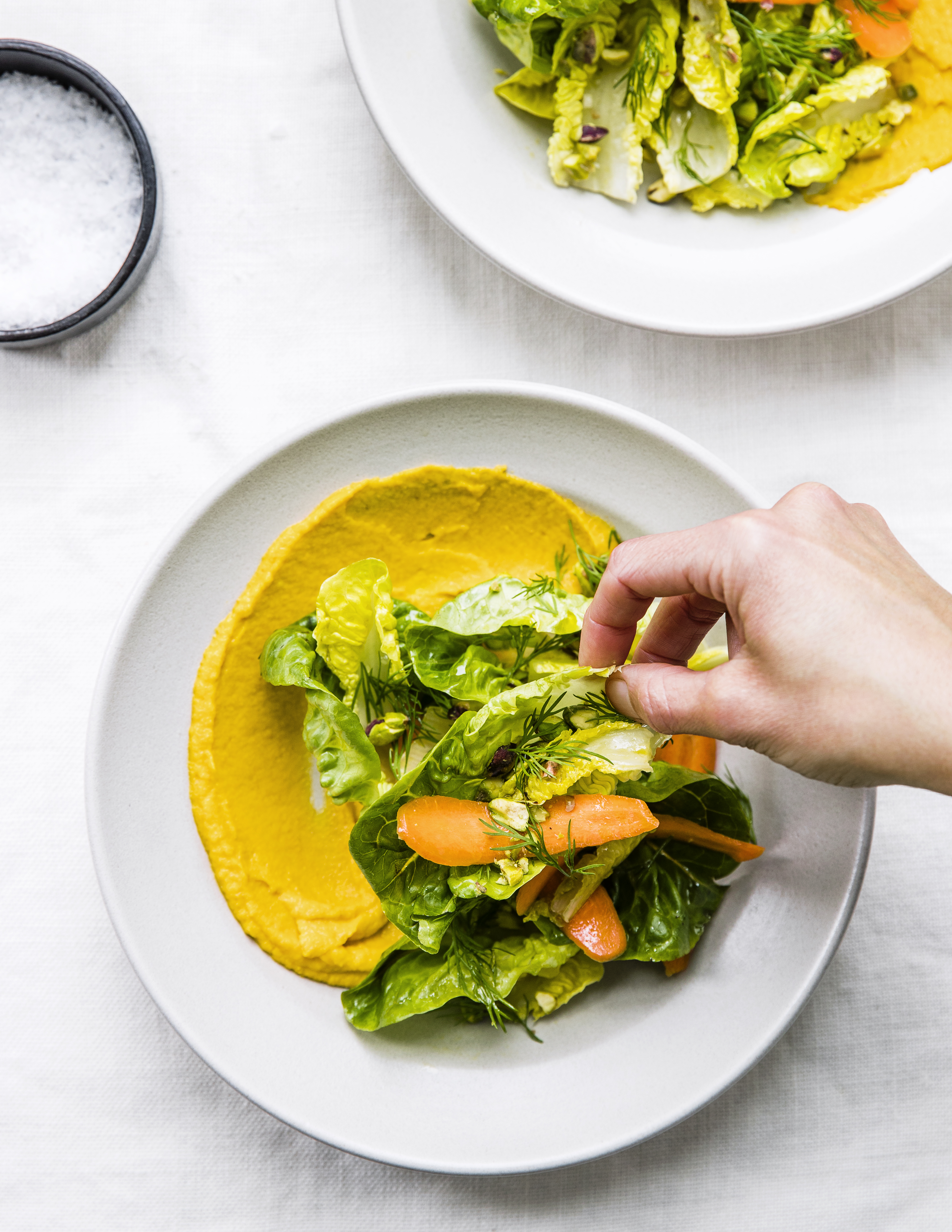 Spring Salads: Little Gems with Carrot Borani, Pistachio, and Dill (0418)