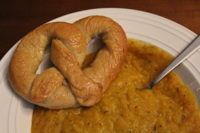 Brown butter autumn squash soup and soft buttery pretzels from Heartlandia