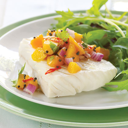 Chilled Poached Halibut with Fresh Apricot Salsa