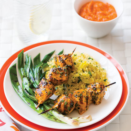 Grilled Chicken Kebabs with Romesco Sauce