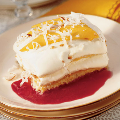 Mango Tiramisu with Raspberry Sauce