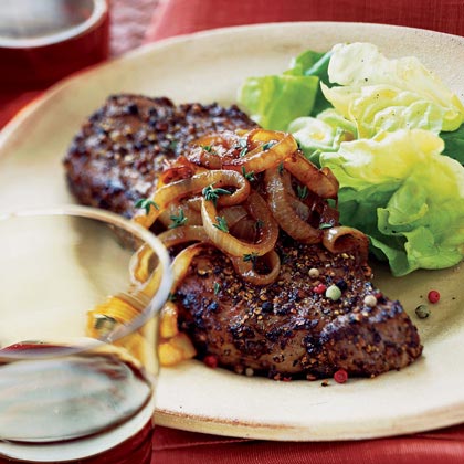 Multicolored-Pepper Steaks with Balsamic Onions