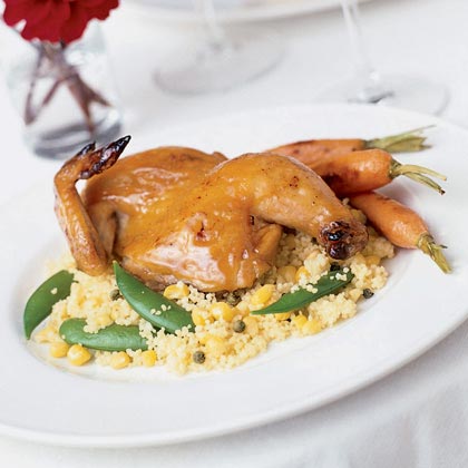 Maple Mustard-glazed Hens with Corn and Pea Couscous